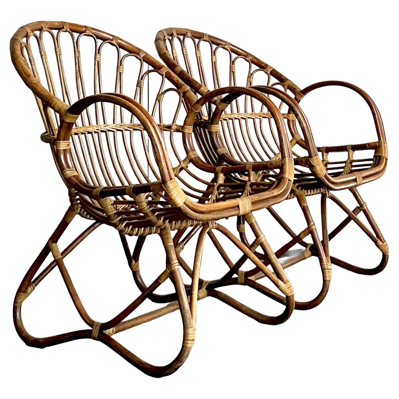 Vintage Boho Bent Rattan Lounge Chairs - A Pair