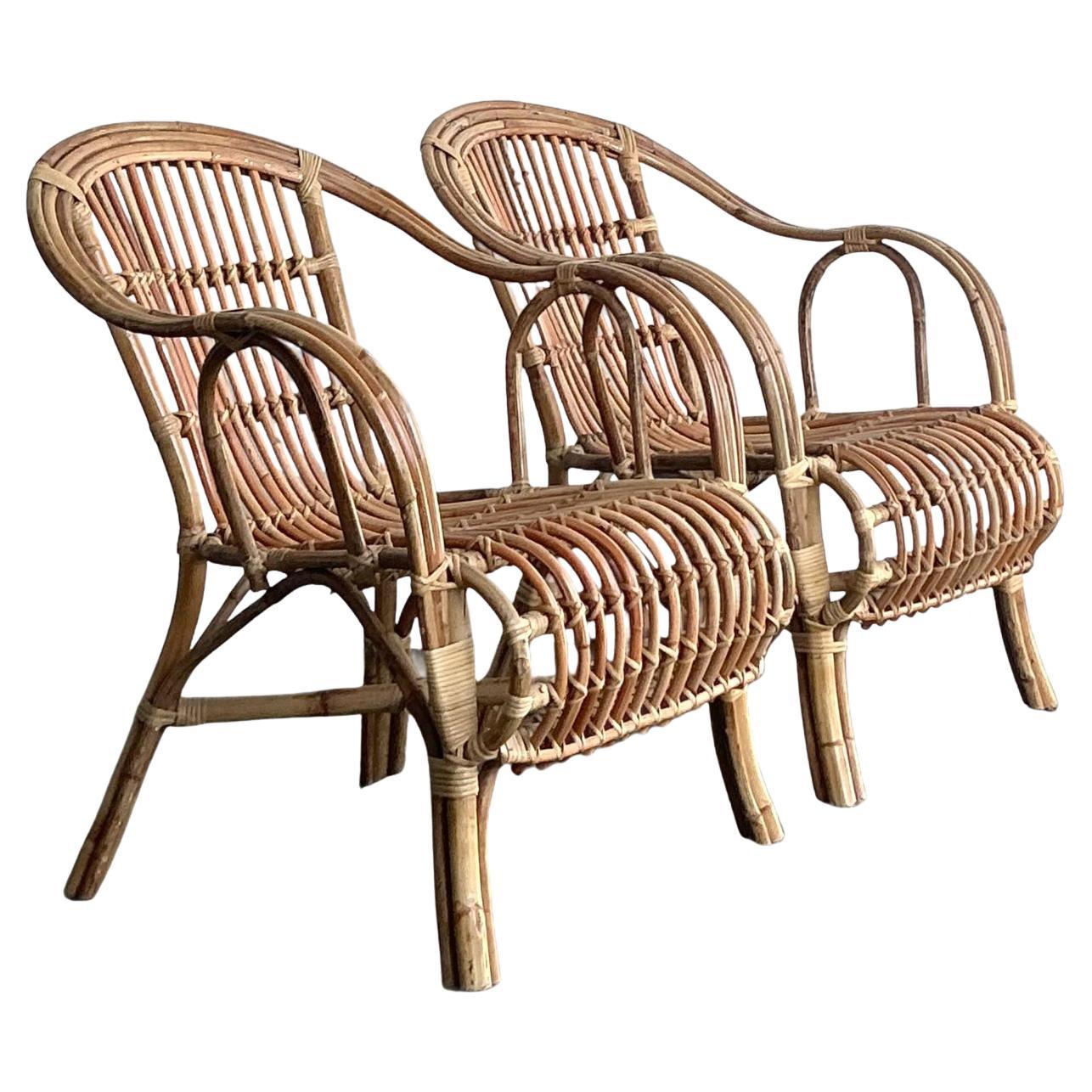 Vintage Boho Bent Rattan Lounge Chairs - A Pair