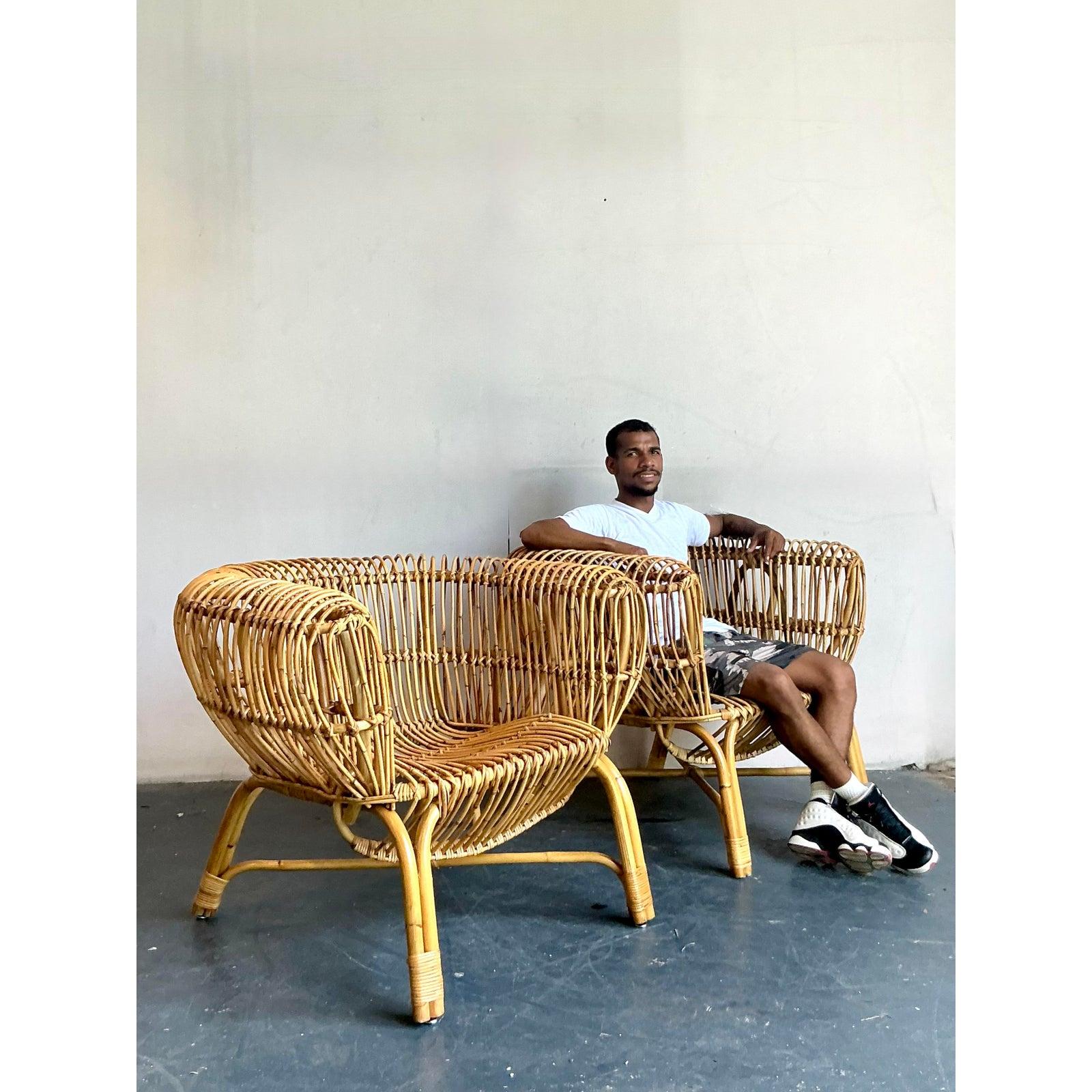 Vintage Boho Bent Rattan Lounge Chairs After Albini - A Pair Italiano en venta