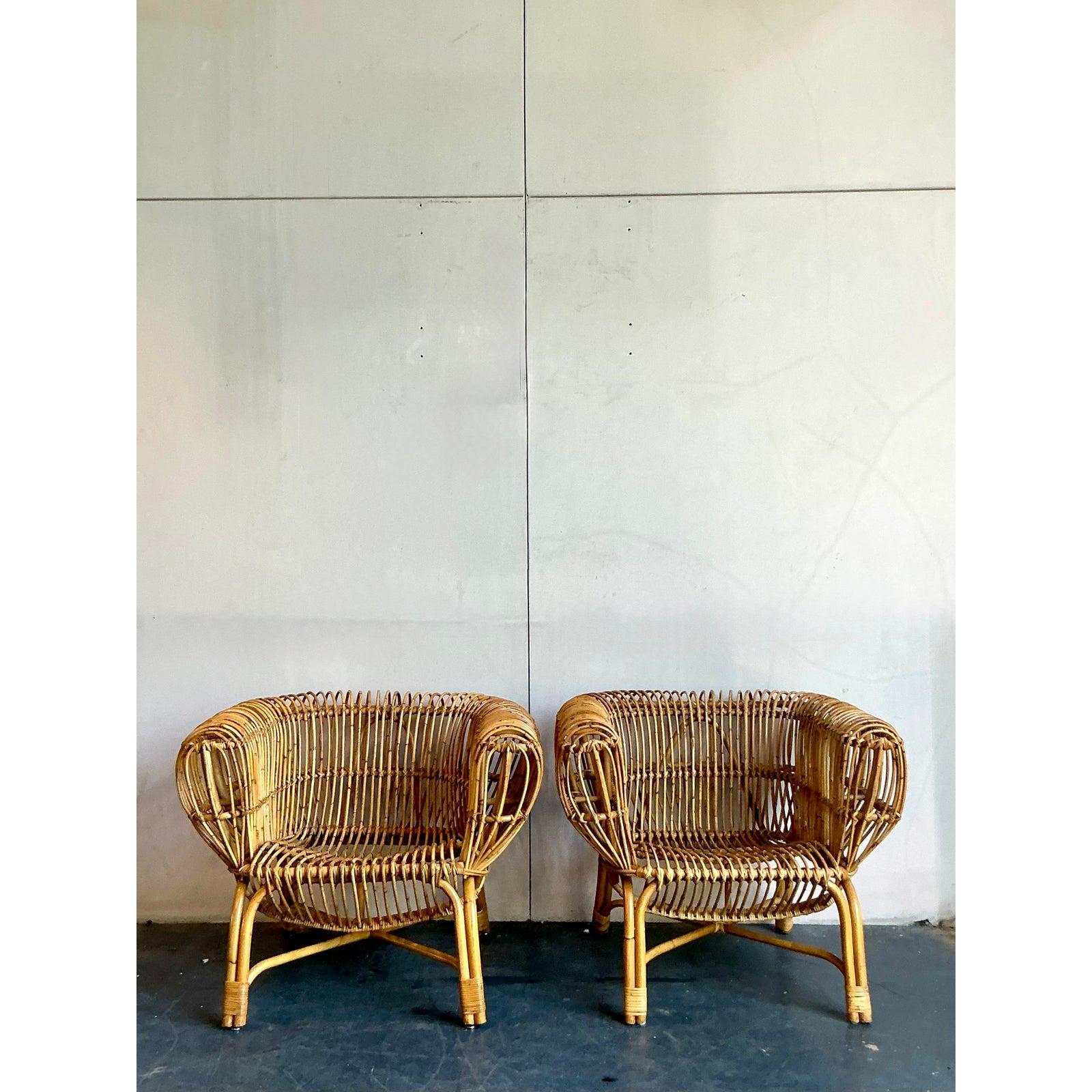 Vintage Boho Bent Rattan Lounge Chairs After Albini - A Pair siglo XX en venta
