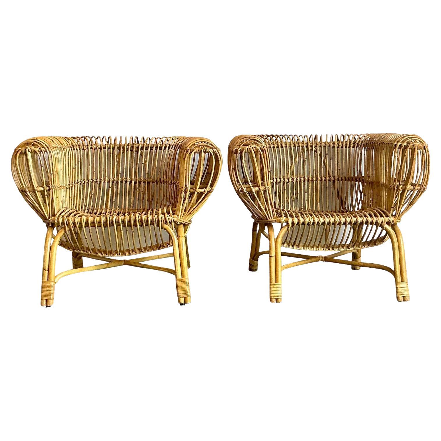 Vintage Boho Bent Rattan Lounge Chairs After Albini - A Pair en venta