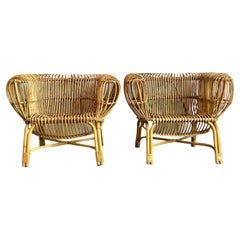 Vintage Boho Bent Rattan Lounge Chairs After Albini - A Pair