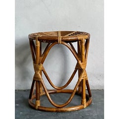 Vintage Boho Bent Rattan Low Stool