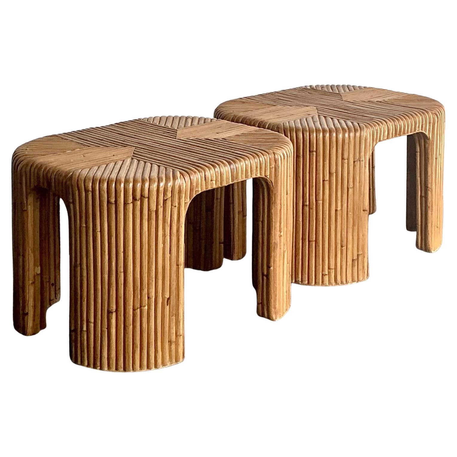 Vintage Boho Bent Rattan Side Tables - A Pair