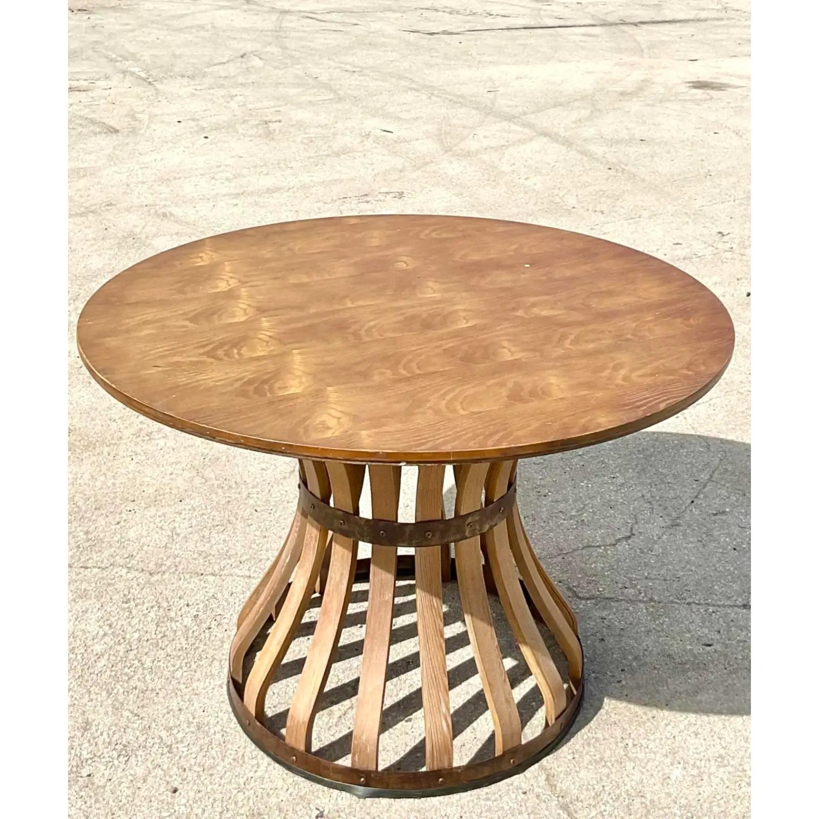 Fantastic vintage Boho dining table. Beautiful bent wood with distressed metal hardware. Great wood grain detail. Perfect as a dining table or a dramatic entry hall piece. You decide! Acquired from a Miami estate.