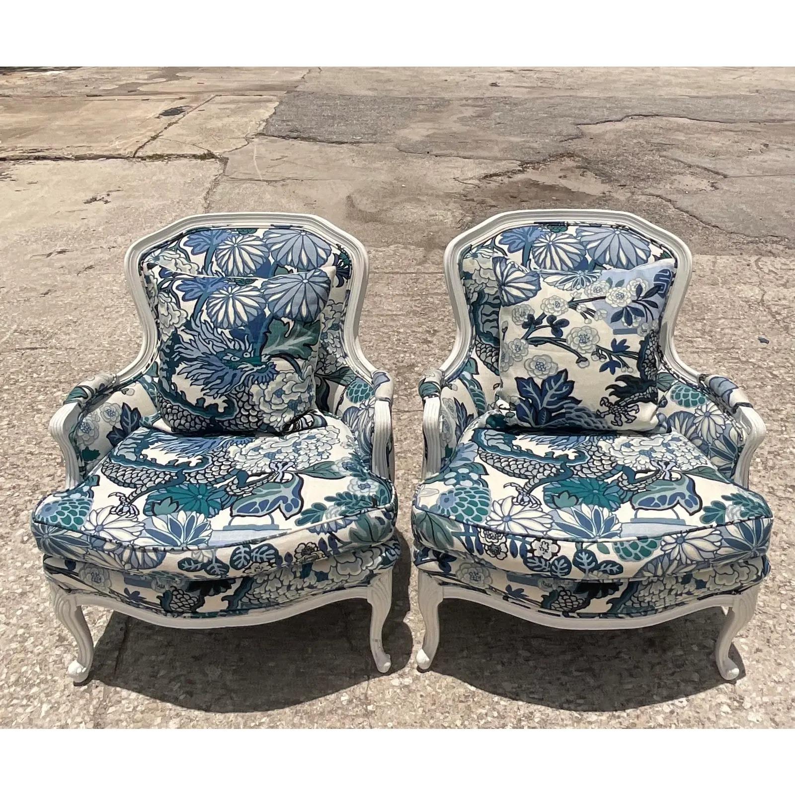 North American Vintage Boho Bergere Chairs in Brunschwig & Fils Dragon Print - a Pair