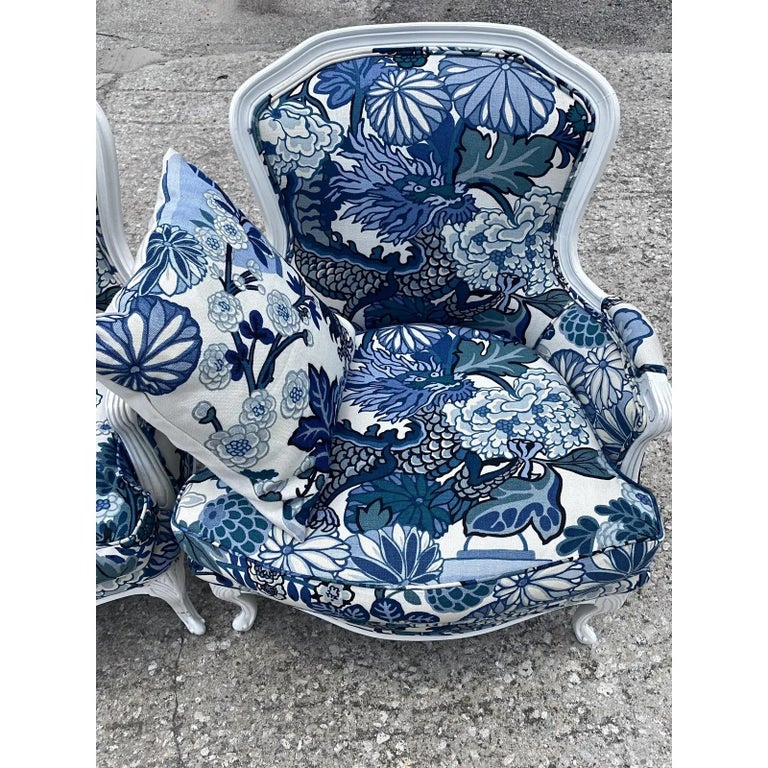 Vintage Boho Bergere Chairs in Brunschwig & Fils Dragon Print - a Pair In Good Condition In west palm beach, FL