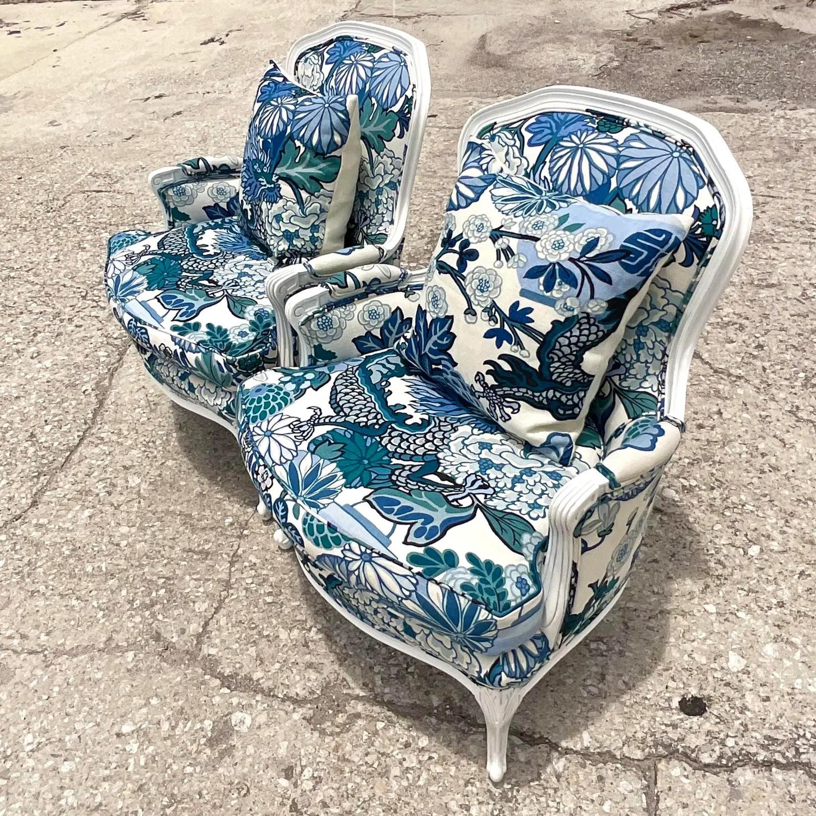 20th Century Vintage Boho Bergere Chairs in Brunschwig & Fils Dragon Print - a Pair