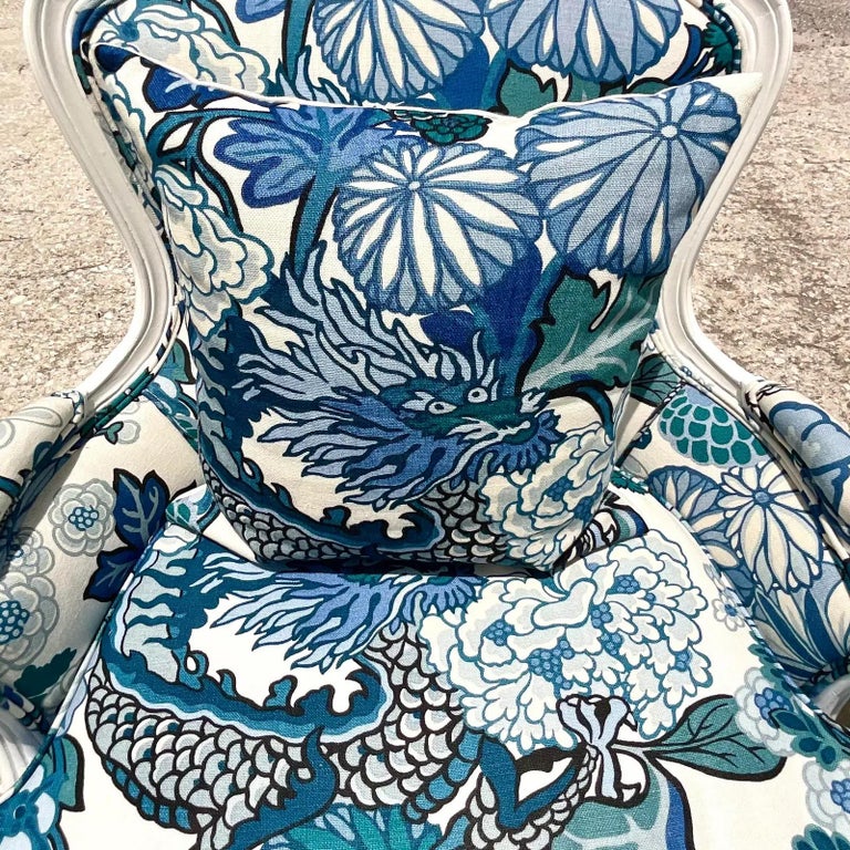 Upholstery Vintage Boho Bergere Chairs in Brunschwig & Fils Dragon Print - a Pair