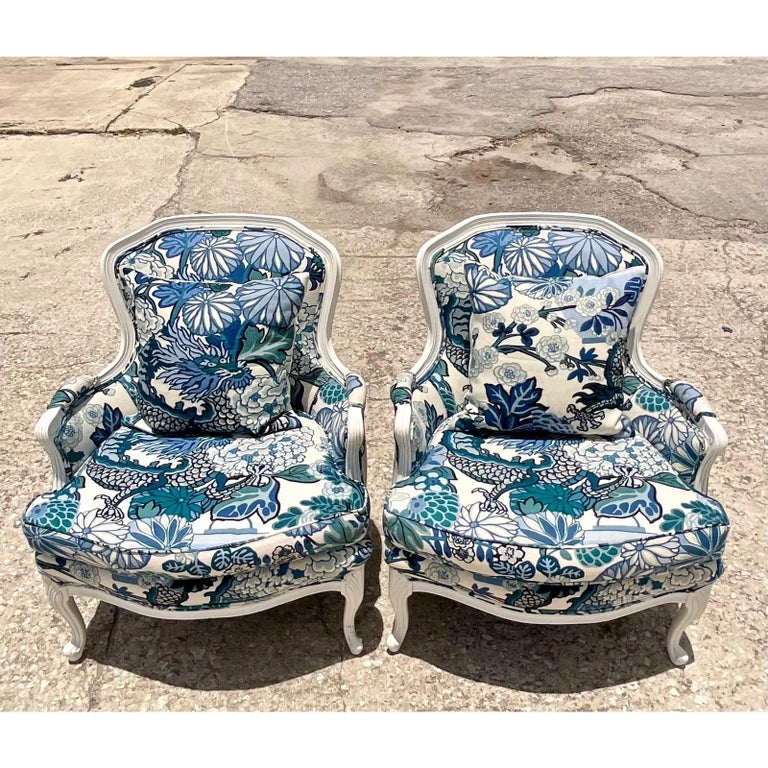 Vintage Boho Bergere Chairs in Brunschwig & Fils Dragon Print - a Pair 1