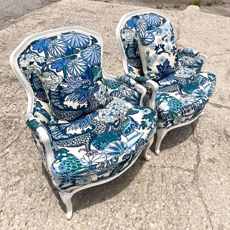Vintage Boho Bergere Chairs in Brunschwig & Fils Dragon Print - a Pair 2