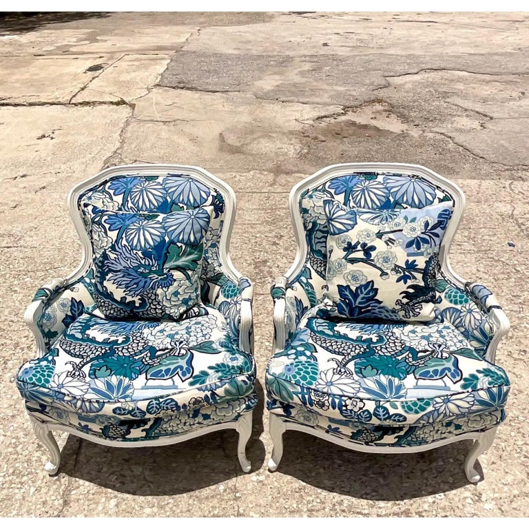 Vintage Boho Bergere Chairs in Brunschwig & Fils Dragon Print - a Pair 3
