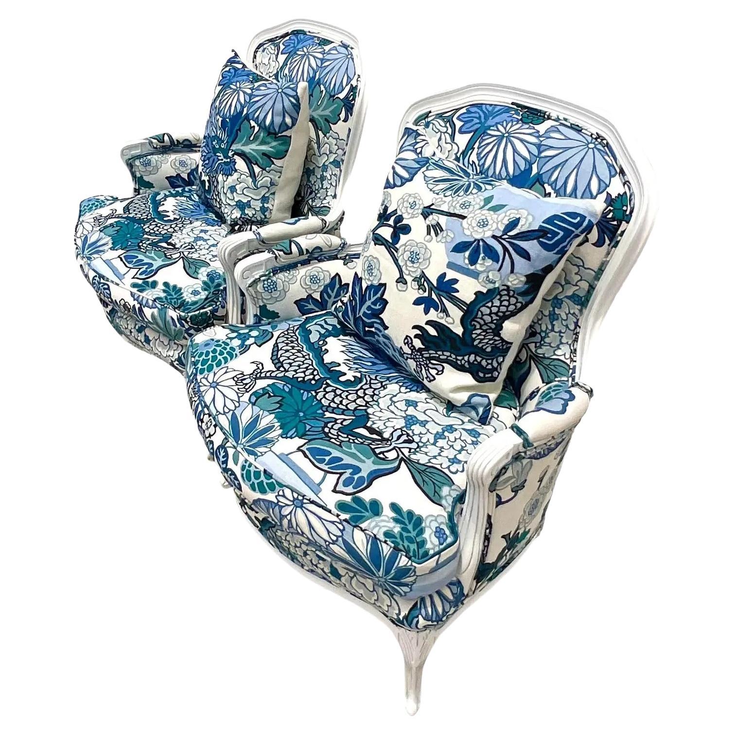 Vintage Boho Bergere Chairs in Brunschwig & Fils Dragon Print - a Pair