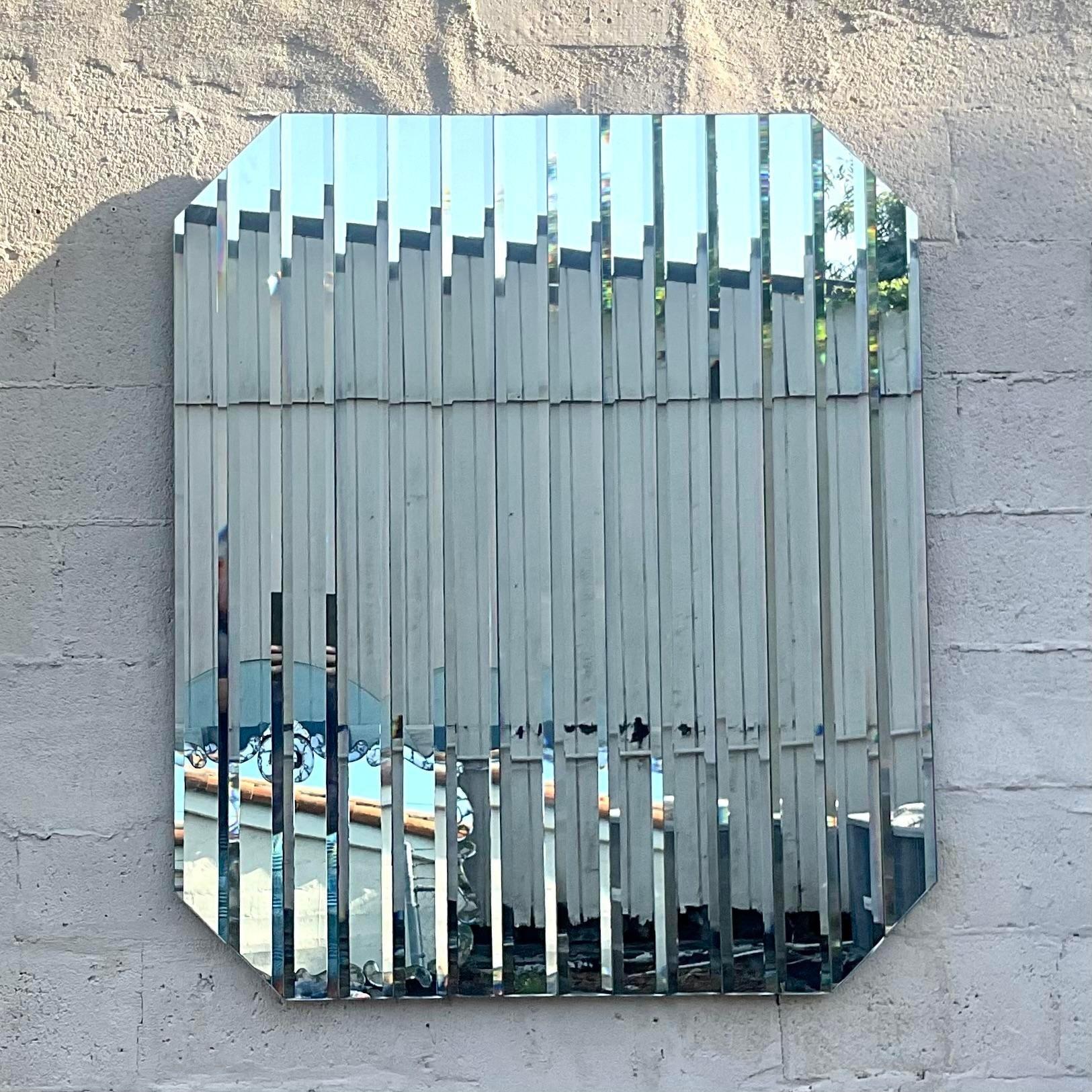 Vintage Boho Beveled Glass Stripe Mirror In Good Condition For Sale In west palm beach, FL