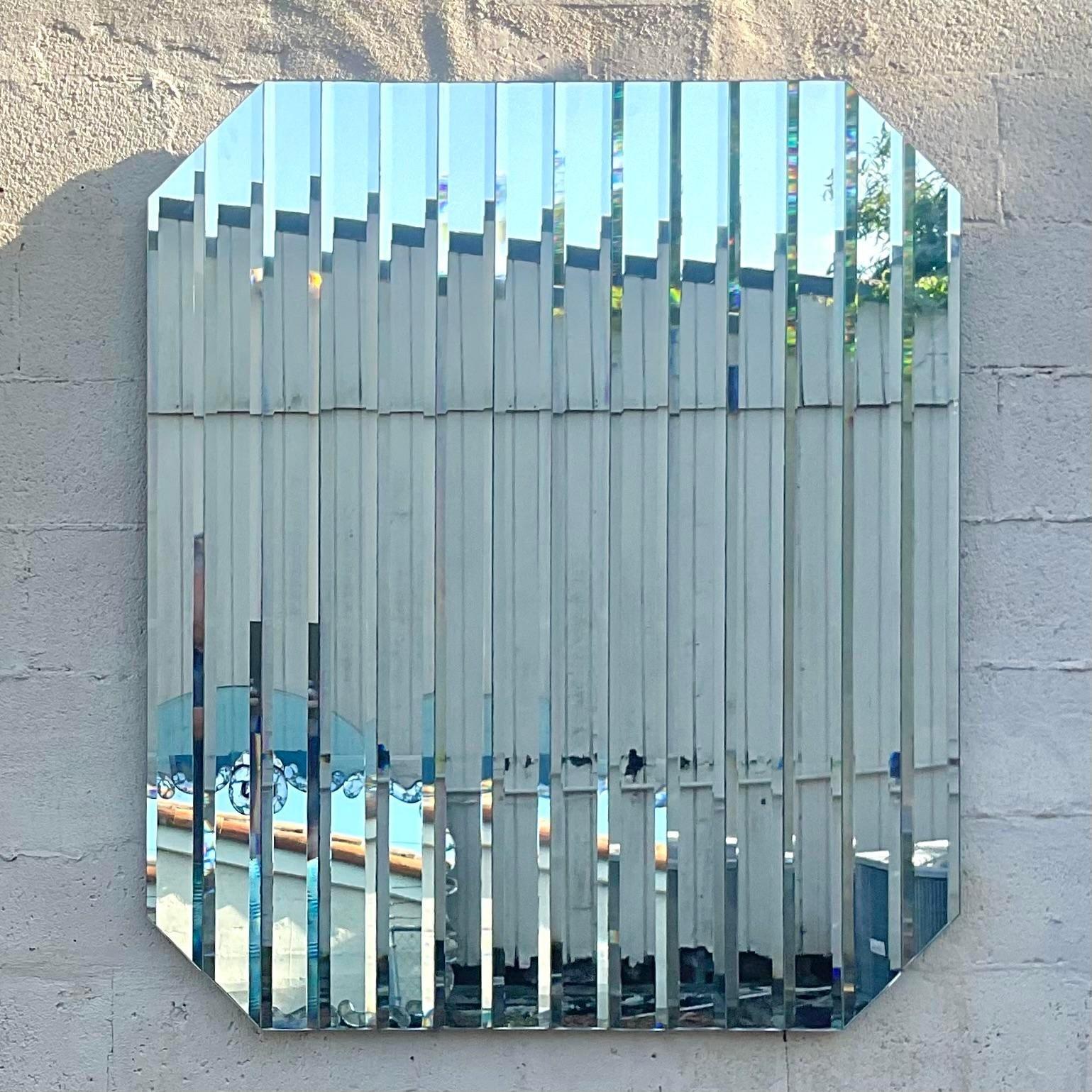 20th Century Vintage Boho Beveled Glass Stripe Mirror For Sale