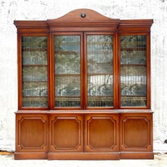 Vintage Boho Biedermeier Style Leaded Glass Breakfront