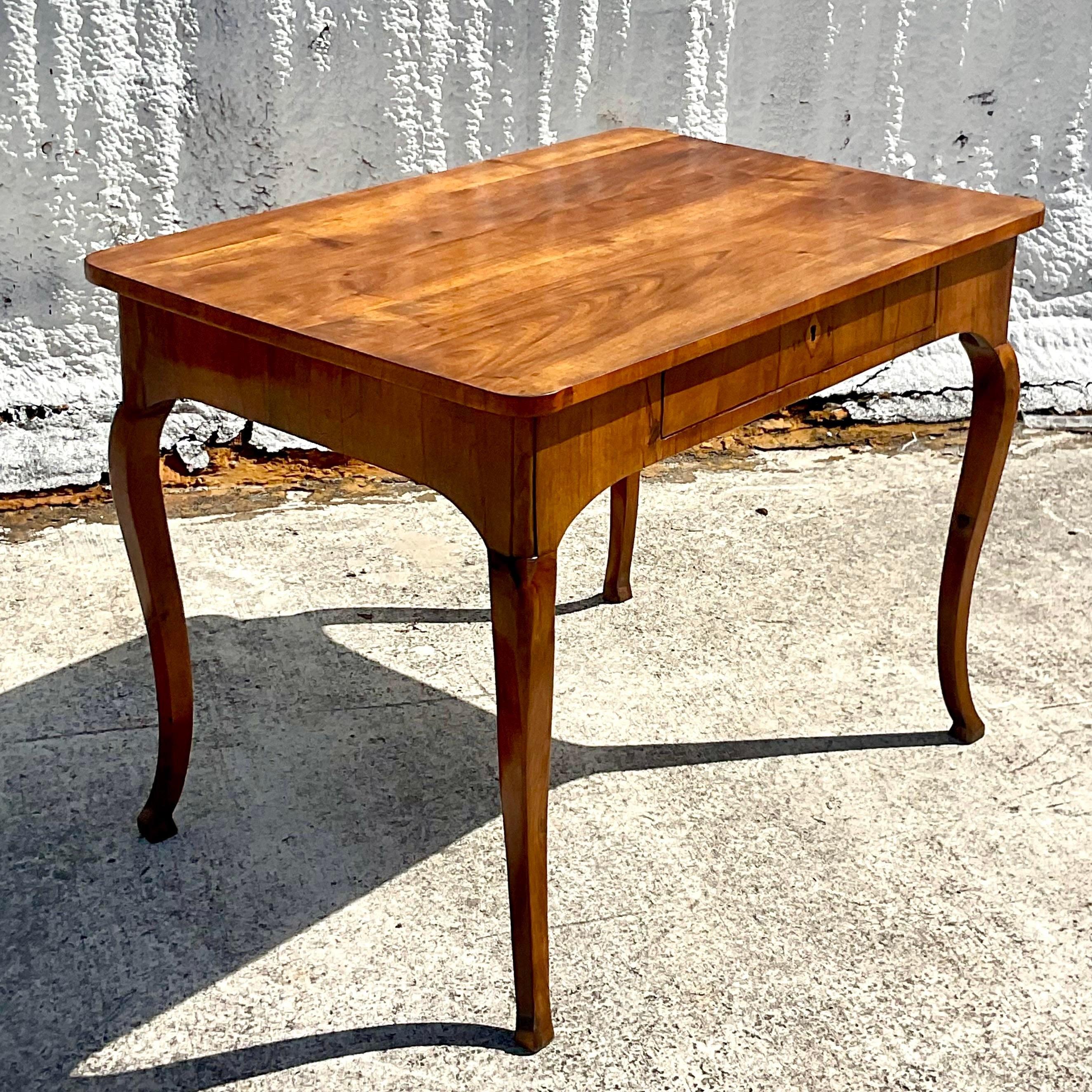 An exceptional vintage boho writing desk. Done in the manner of Biedermeier. Incredible wood grain detail. Acquired from a Palm Beach estate.