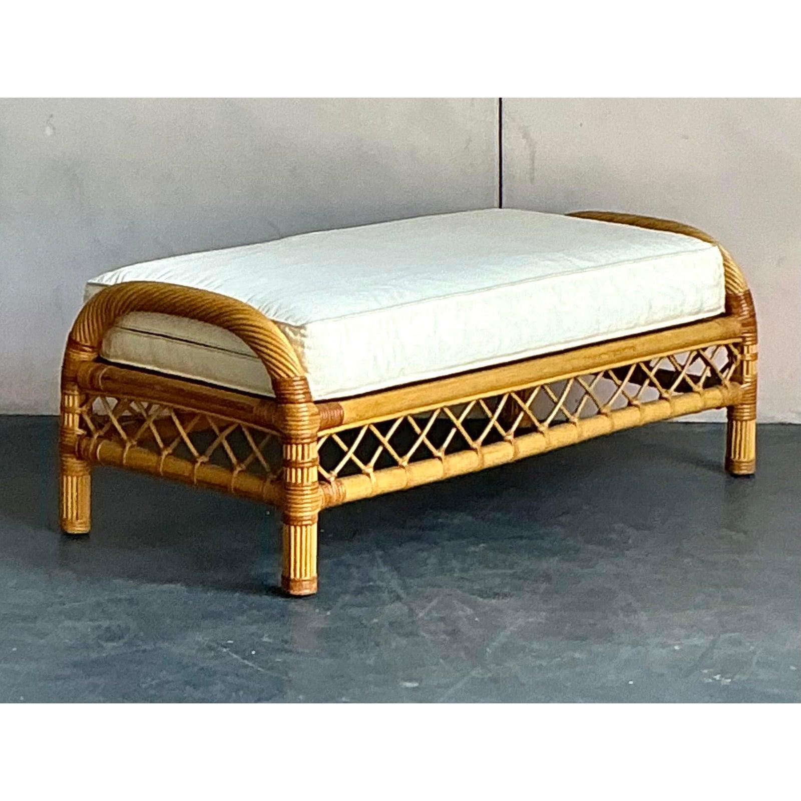 Hollywood Regency Vintage Boho Bielecky Brothers Trellis Rattan Bench For Sale