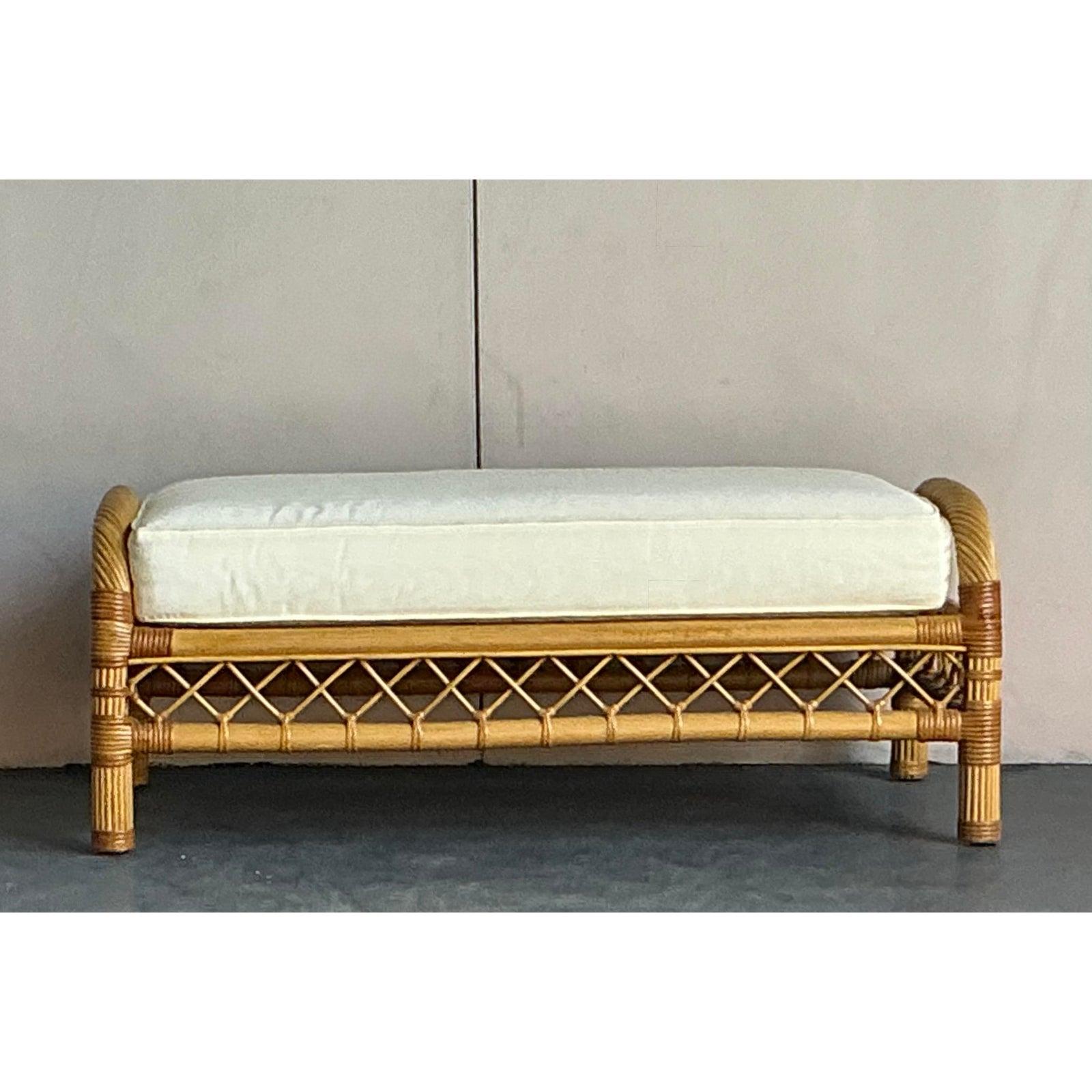 American Vintage Boho Bielecky Brothers Trellis Rattan Bench For Sale