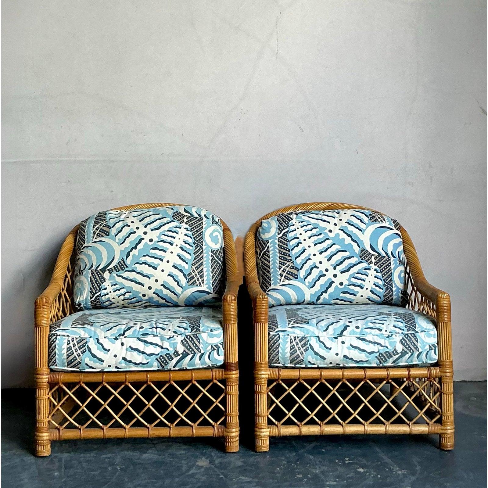 Vintage Boho Bielecky Brothers Sillas de salón de ratán enrejadas - Pareja en venta 5