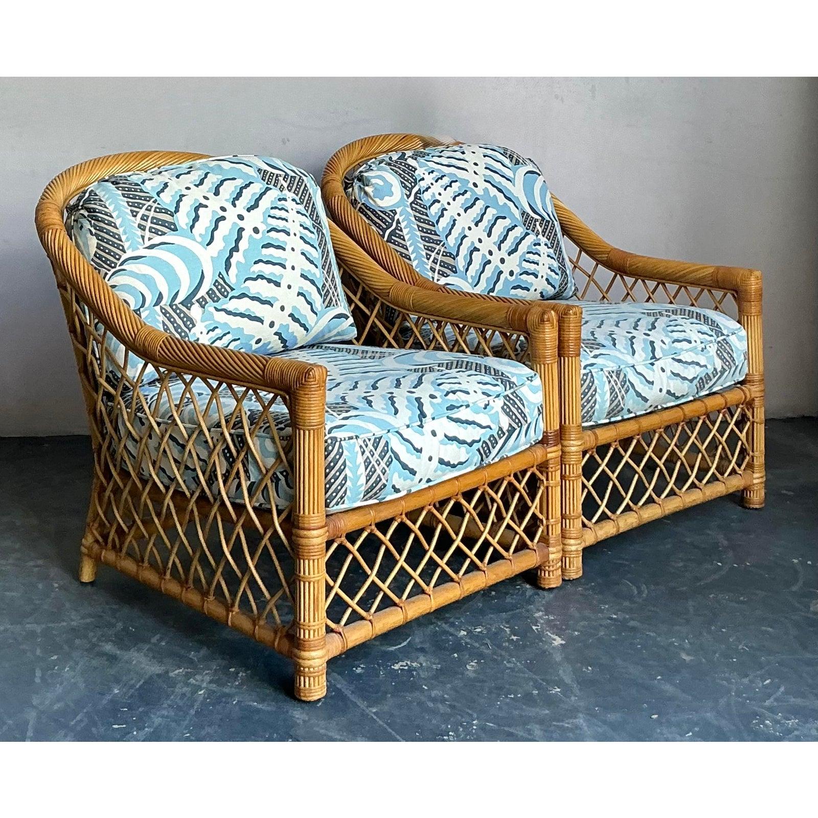 Vintage Boho Bielecky Brothers Sillas de salón de ratán enrejadas - Pareja Estadounidense en venta