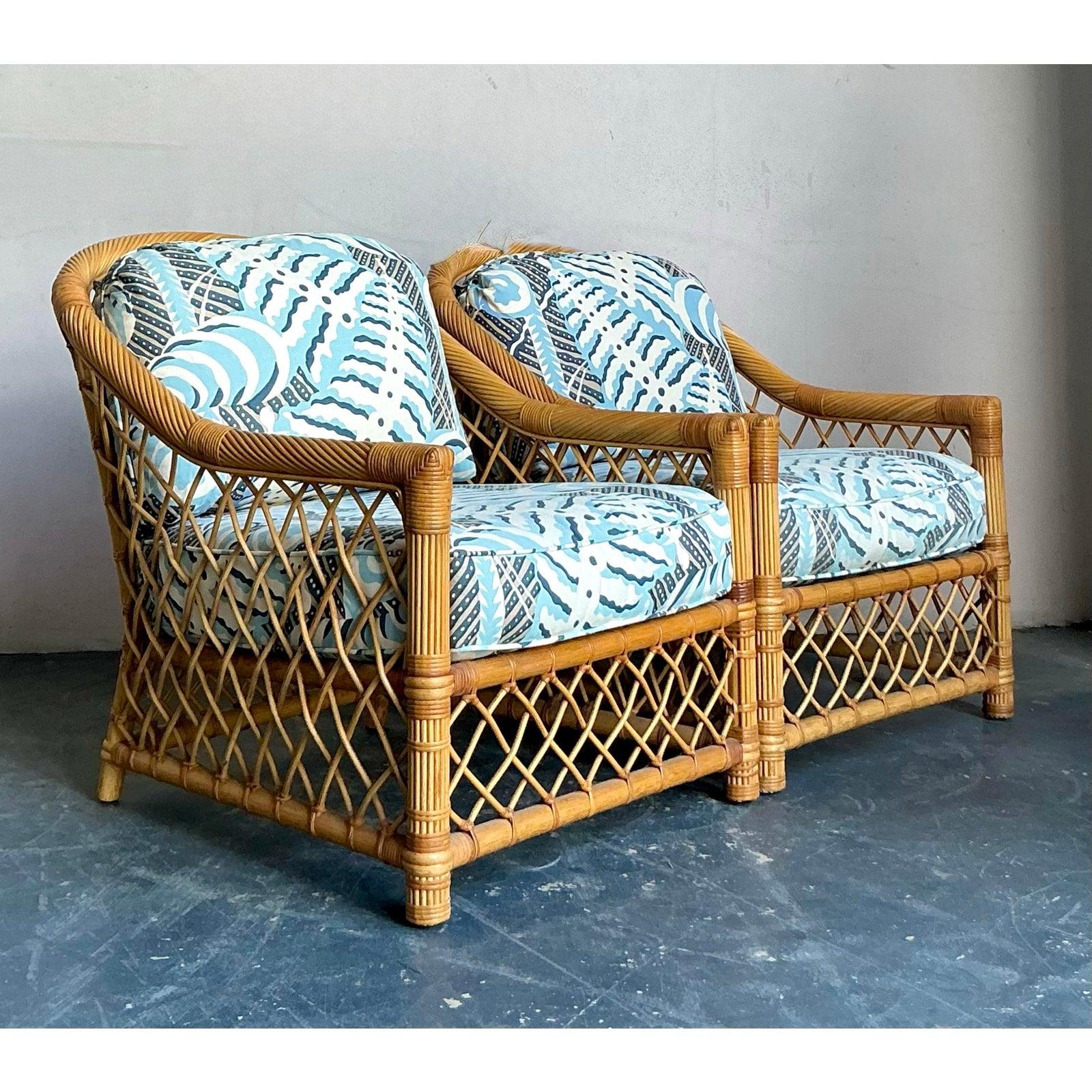 Vintage Boho Bielecky Brothers Sillas de salón de ratán enrejadas - Pareja en Bueno estado para la venta en West Palm Beach, FL