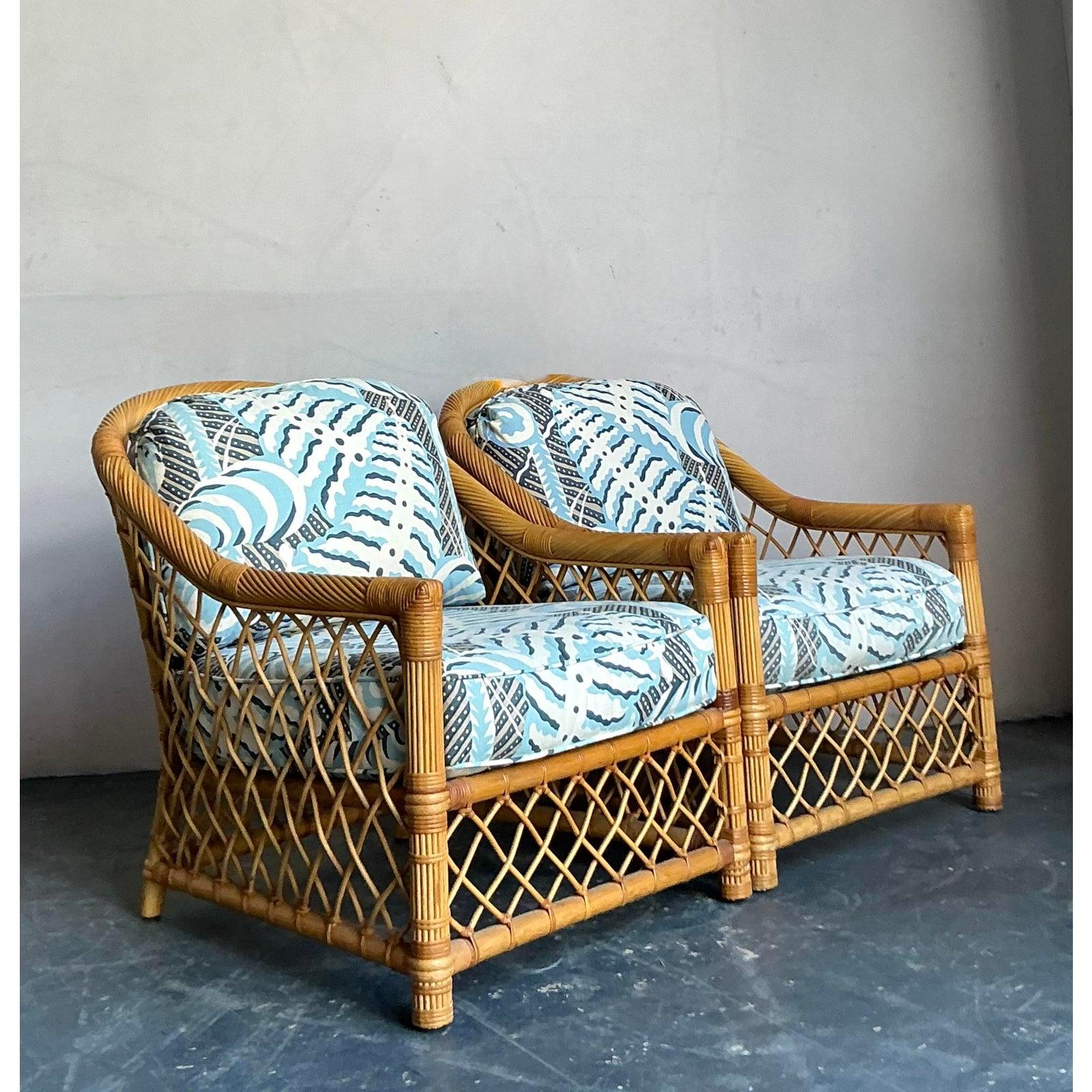 Vintage Boho Bielecky Brothers Sillas de salón de ratán enrejadas - Pareja Tela en venta