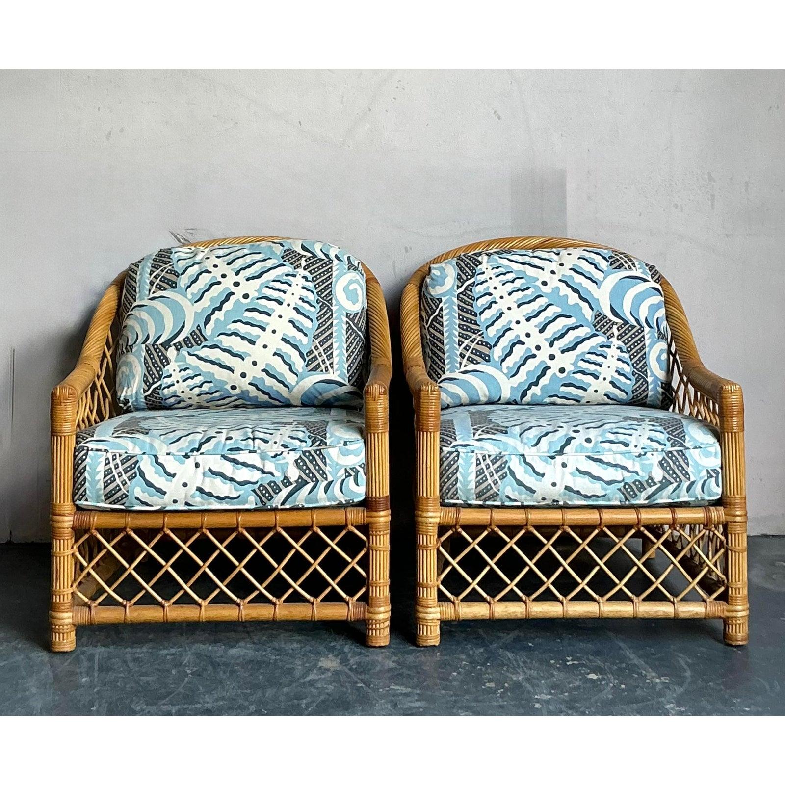 Vintage Boho Bielecky Brothers Sillas de salón de ratán enrejadas - Pareja en venta 2