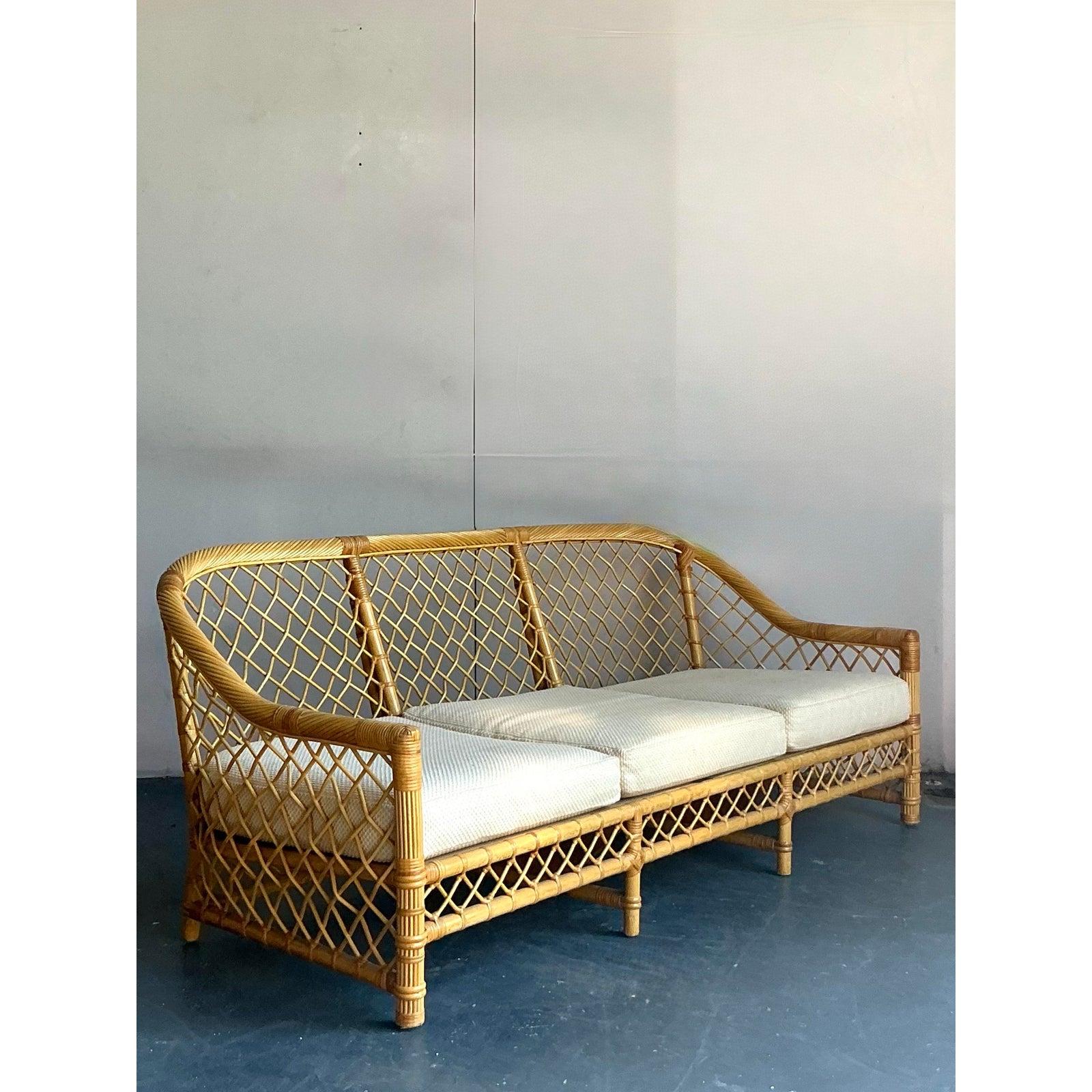 Hollywood Regency Vintage Boho Bielecky Brothers Trellis Rattan Sofa For Sale
