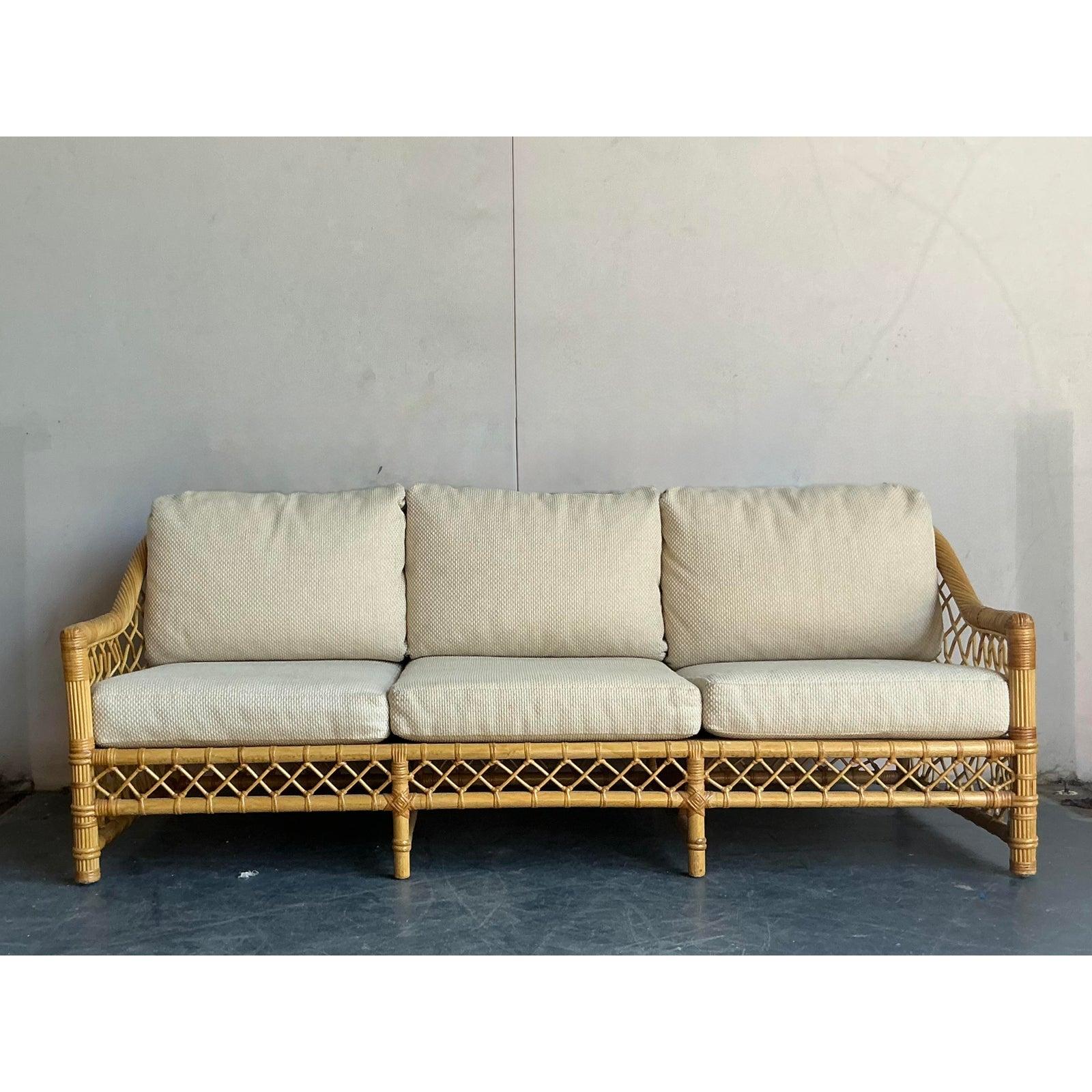 American Vintage Boho Bielecky Brothers Trellis Rattan Sofa For Sale