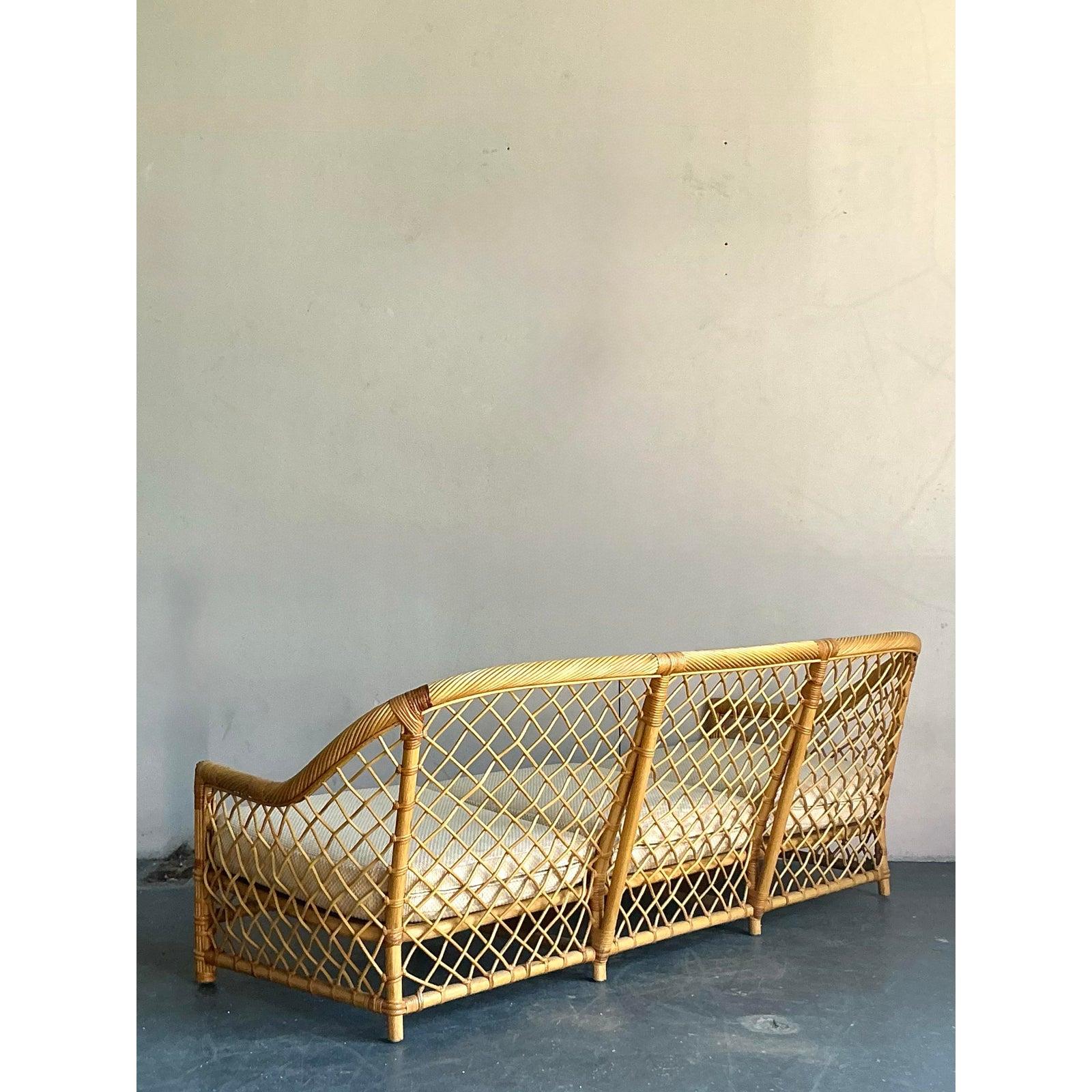 Vintage Boho Bielecky Brothers Trellis Rattan Sofa In Good Condition For Sale In West Palm Beach, FL