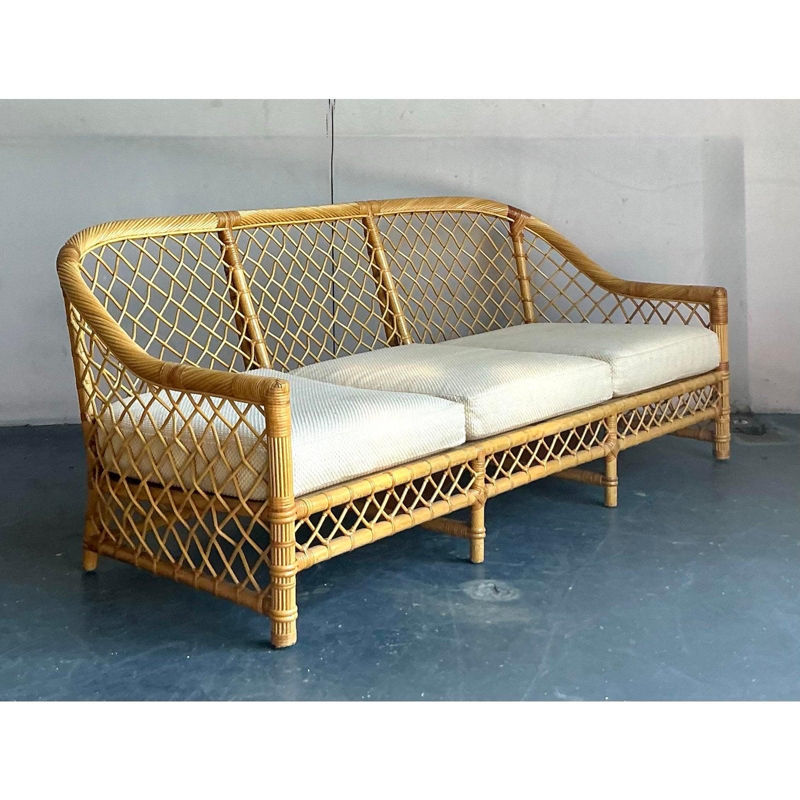 20th Century Vintage Boho Bielecky Brothers Trellis Rattan Sofa For Sale