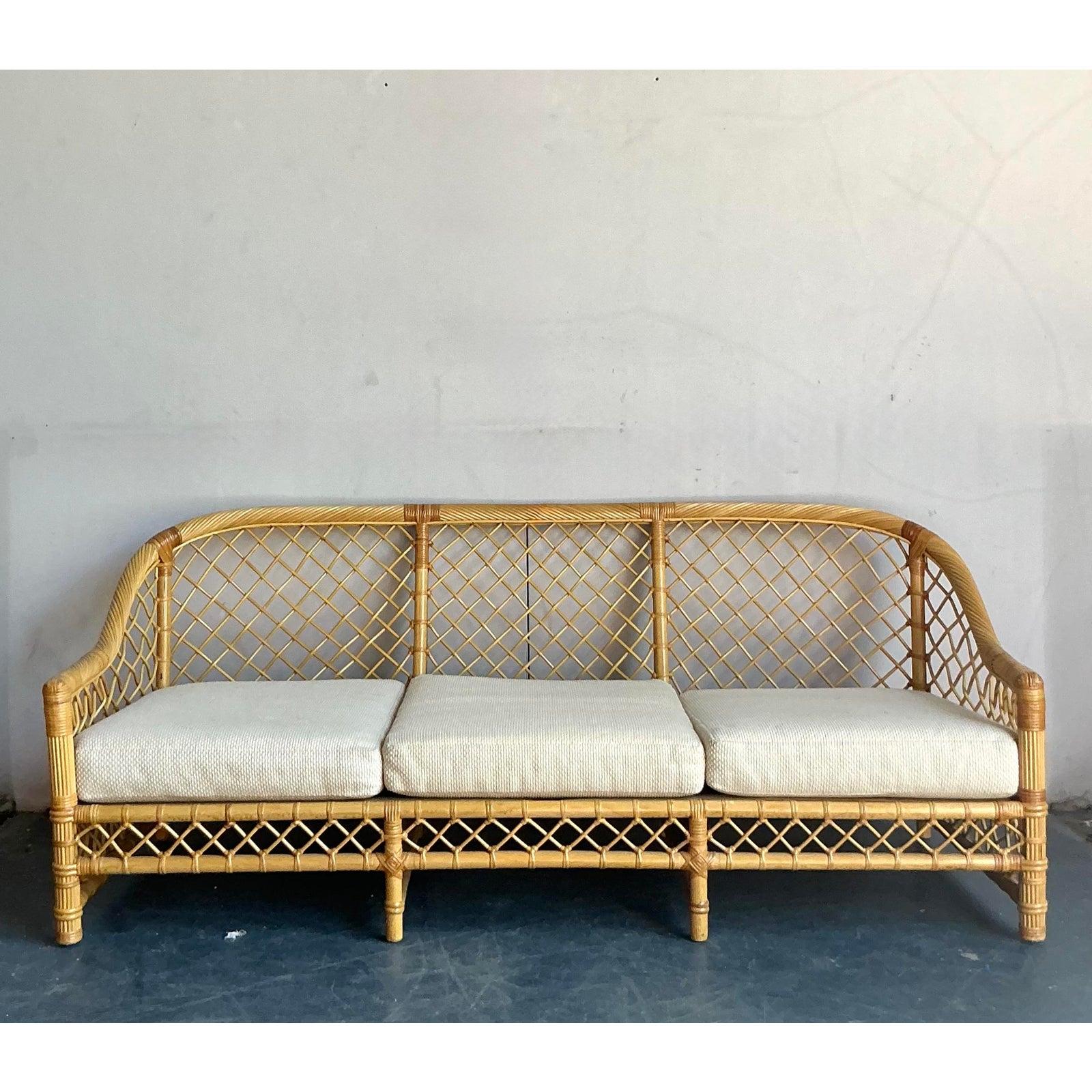 Fabric Vintage Boho Bielecky Brothers Trellis Rattan Sofa For Sale