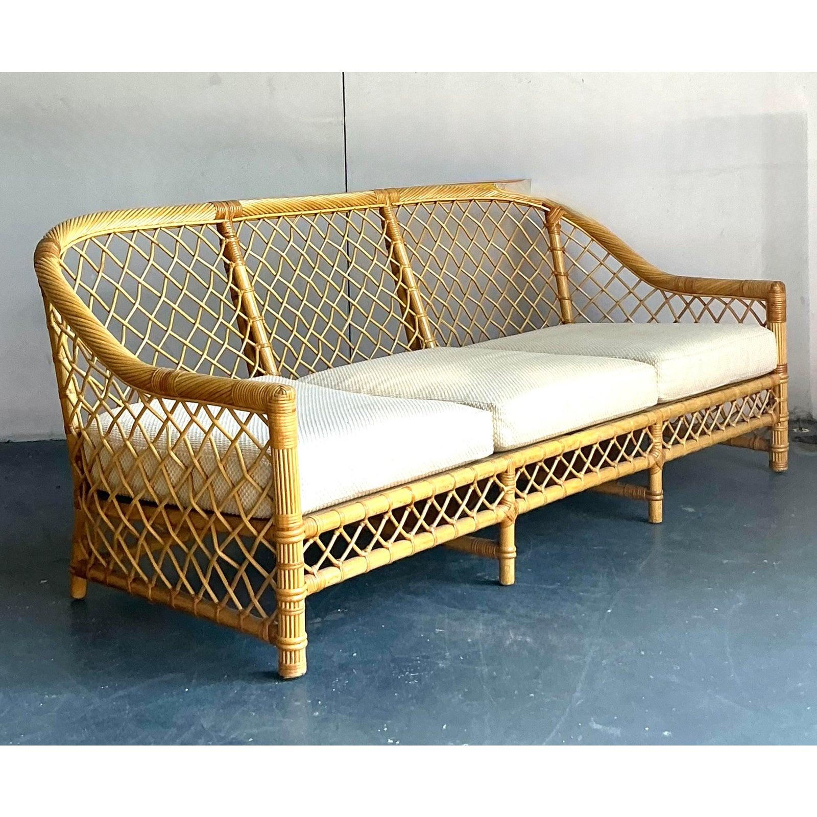 Vintage Boho Bielecky Brothers Trellis Rattan Sofa For Sale 1