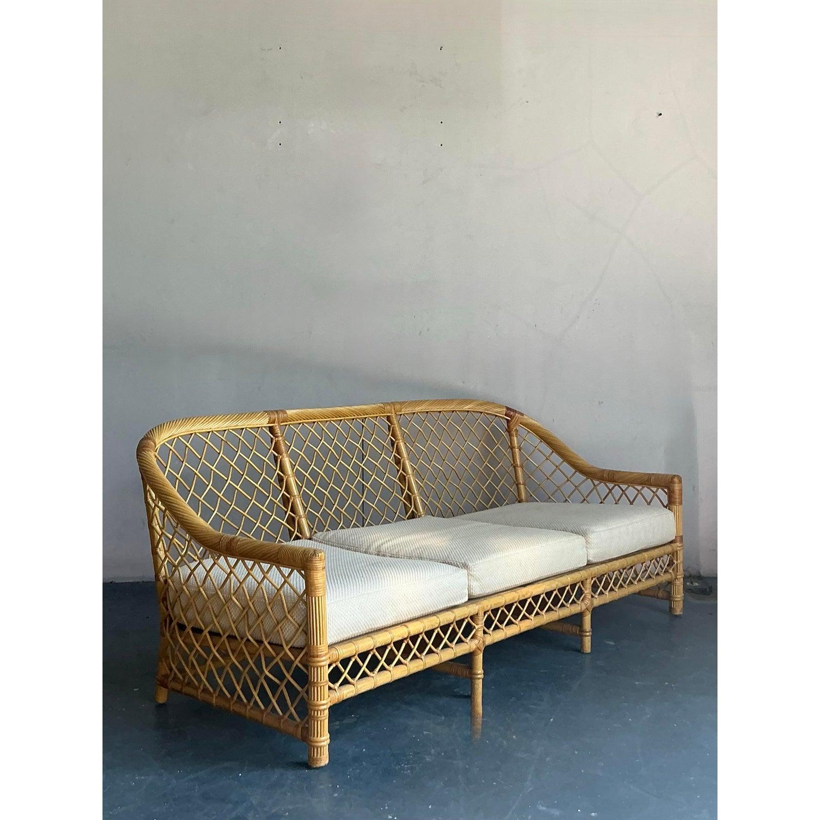 Vintage Boho Bielecky Brothers Trellis Rattan Sofa For Sale 2