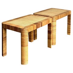 Vintage Boho Bielecky Brothers Woven Rattan Side Tables - A Pair