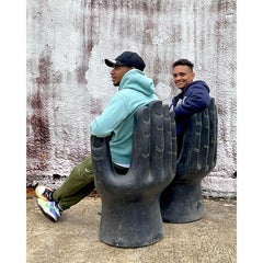 Vintage Boho Black Cast Composite Concrete Hand Chair - a Pair