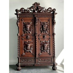 Vintage Boho Black Forest Carved Oak Armoire