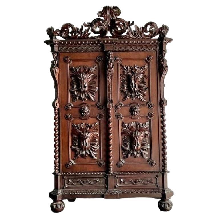 Vintage Boho Black Forest Carved Oak Armoire
