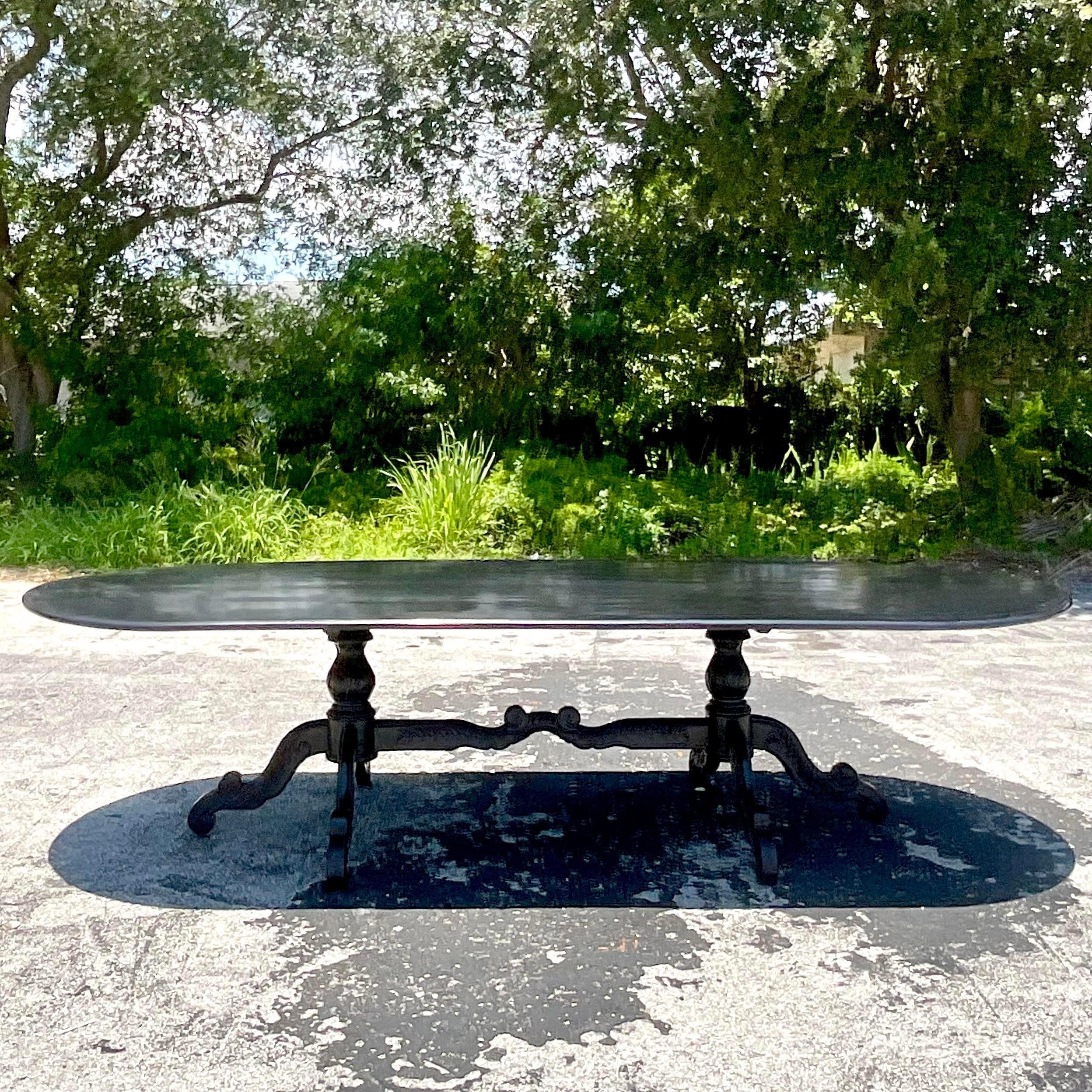 Vintage Boho Black Lacquered Carved Duncan Phyfe Table In Good Condition For Sale In west palm beach, FL