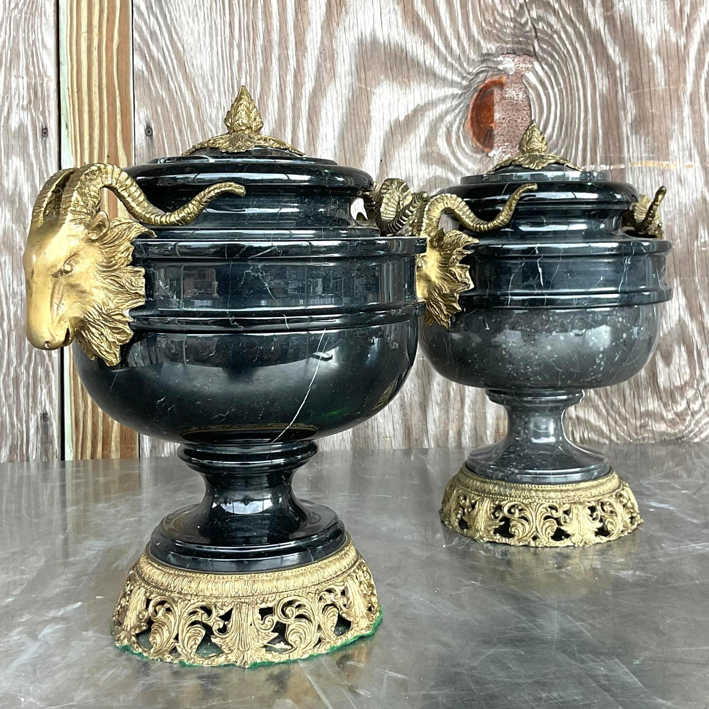 Hollywood Regency Vintage Boho Black Marble and Brass Ram’s Head Lidded Urns - a Pair For Sale