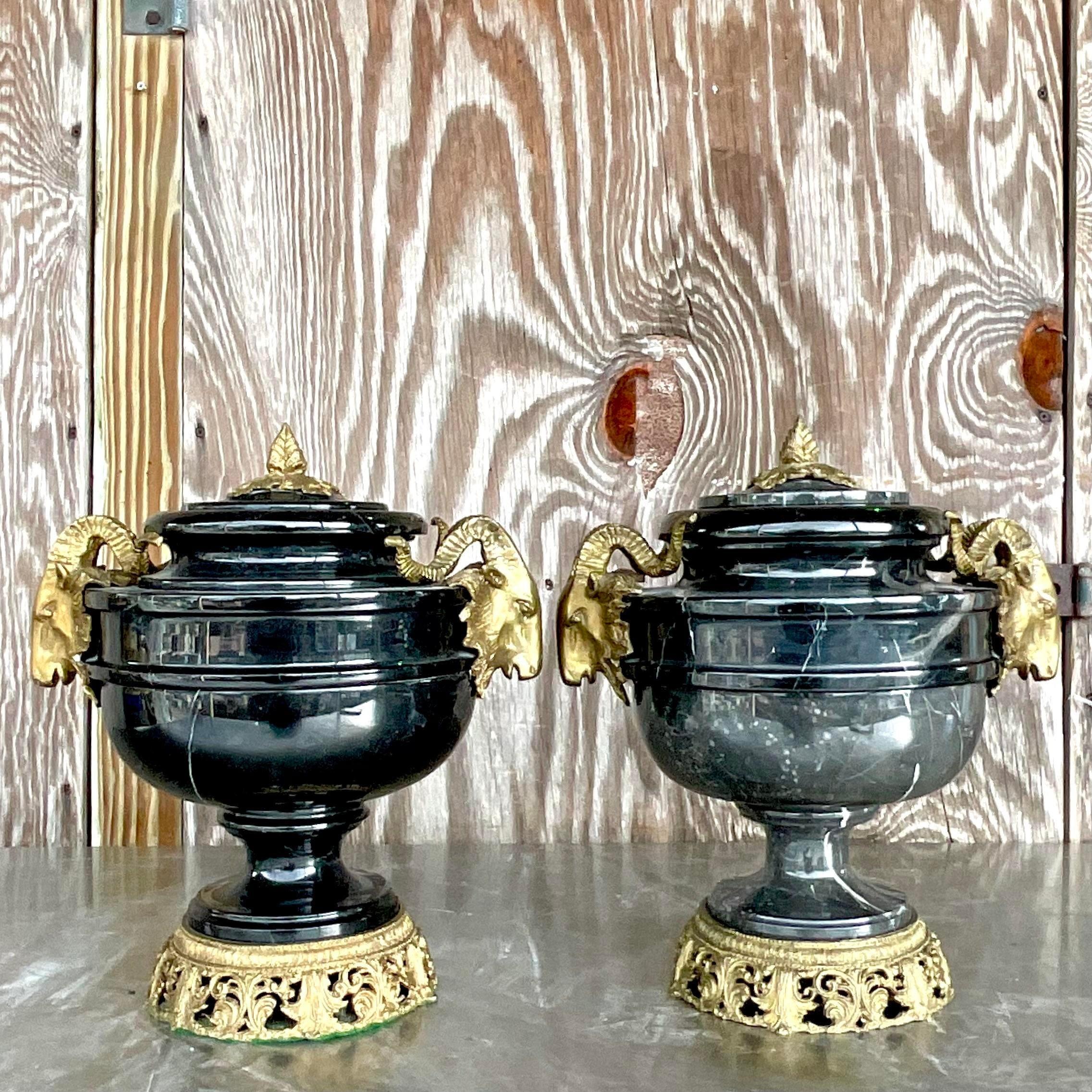 American Vintage Boho Black Marble and Brass Ram’s Head Lidded Urns - a Pair For Sale