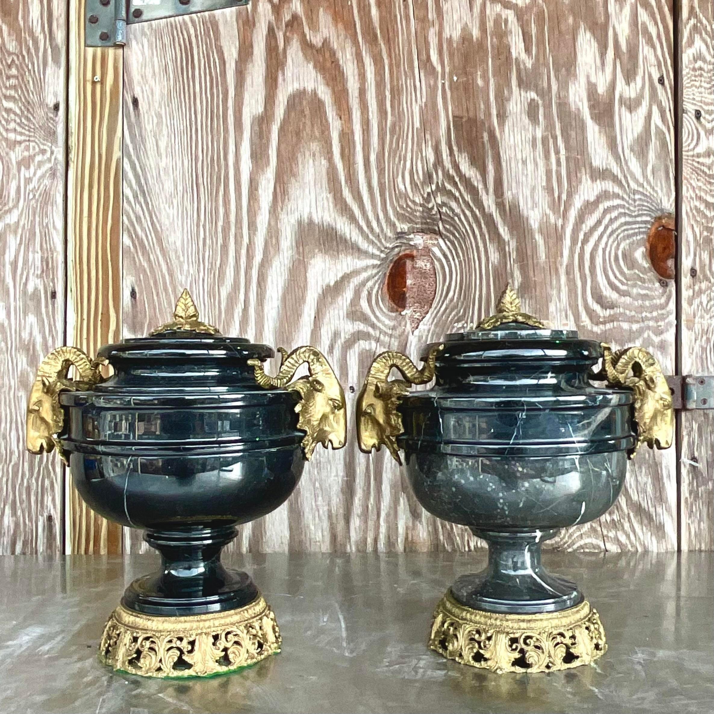 Vintage Boho Black Marble and Brass Ram’s Head Lidded Urns - a Pair In Good Condition For Sale In west palm beach, FL