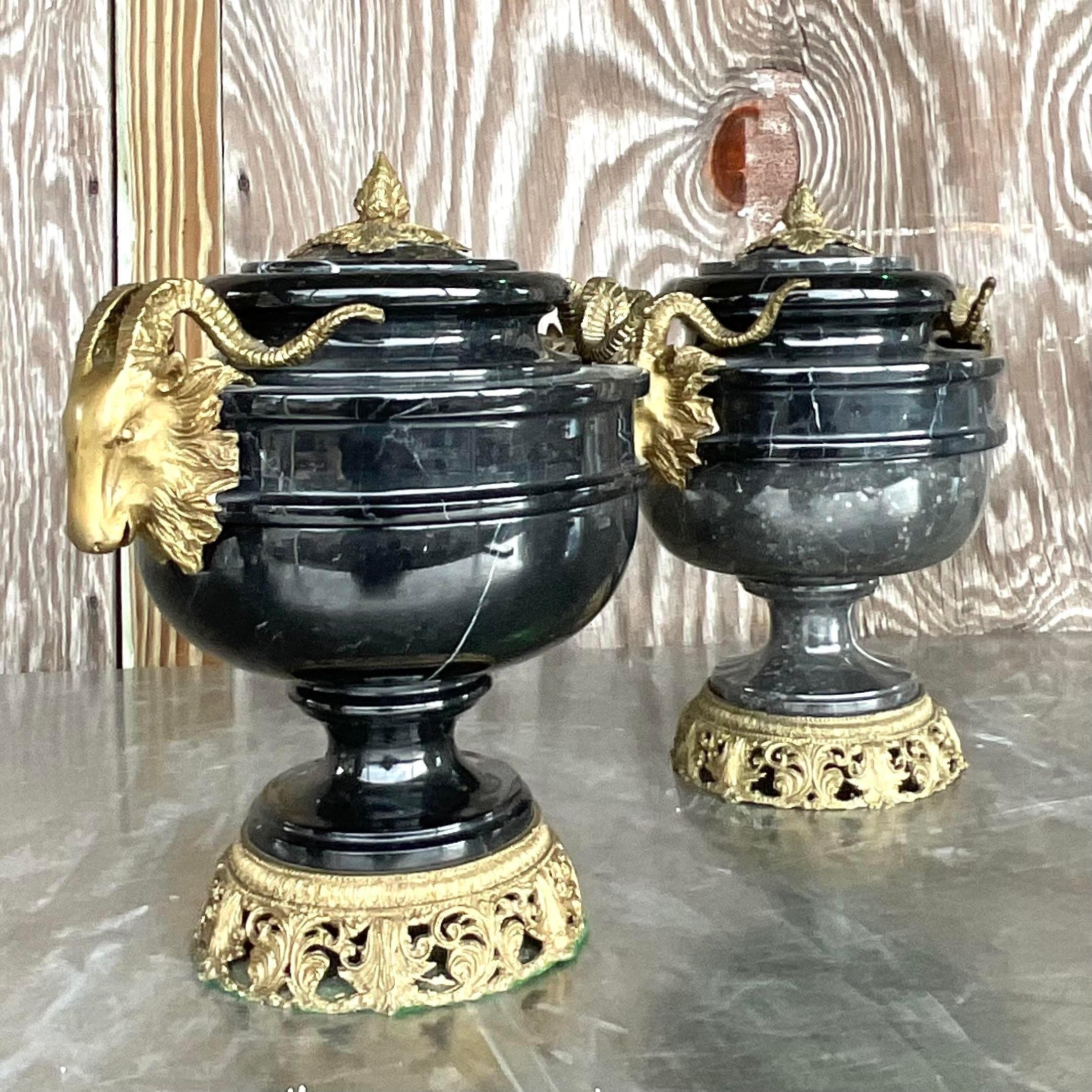 20th Century Vintage Boho Black Marble and Brass Ram’s Head Lidded Urns - a Pair For Sale