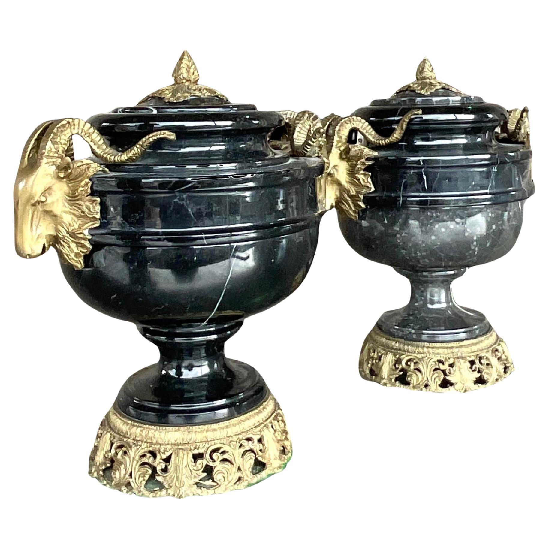 Vintage Boho Black Marble and Brass Ram’s Head Lidded Urns - a Pair