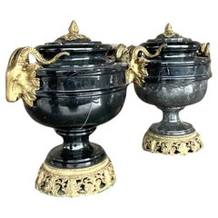 Vintage Boho Black Marble and Brass Ram’s Head Lidded Urns - a Pair