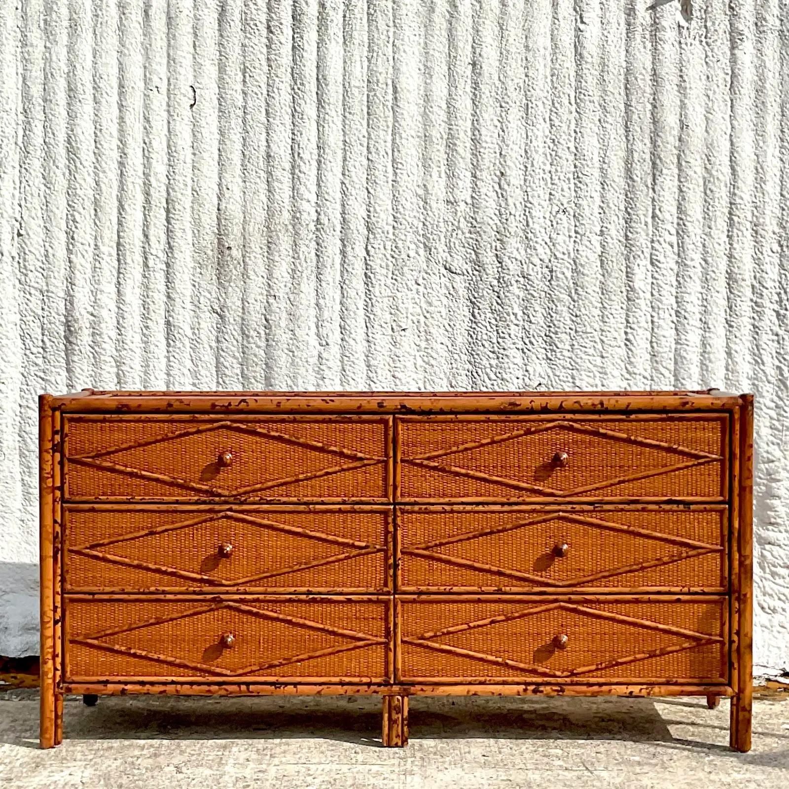 20th Century Vintage Boho Bloomingdale’s Tortoise Bamboo Six Drawer Dresser