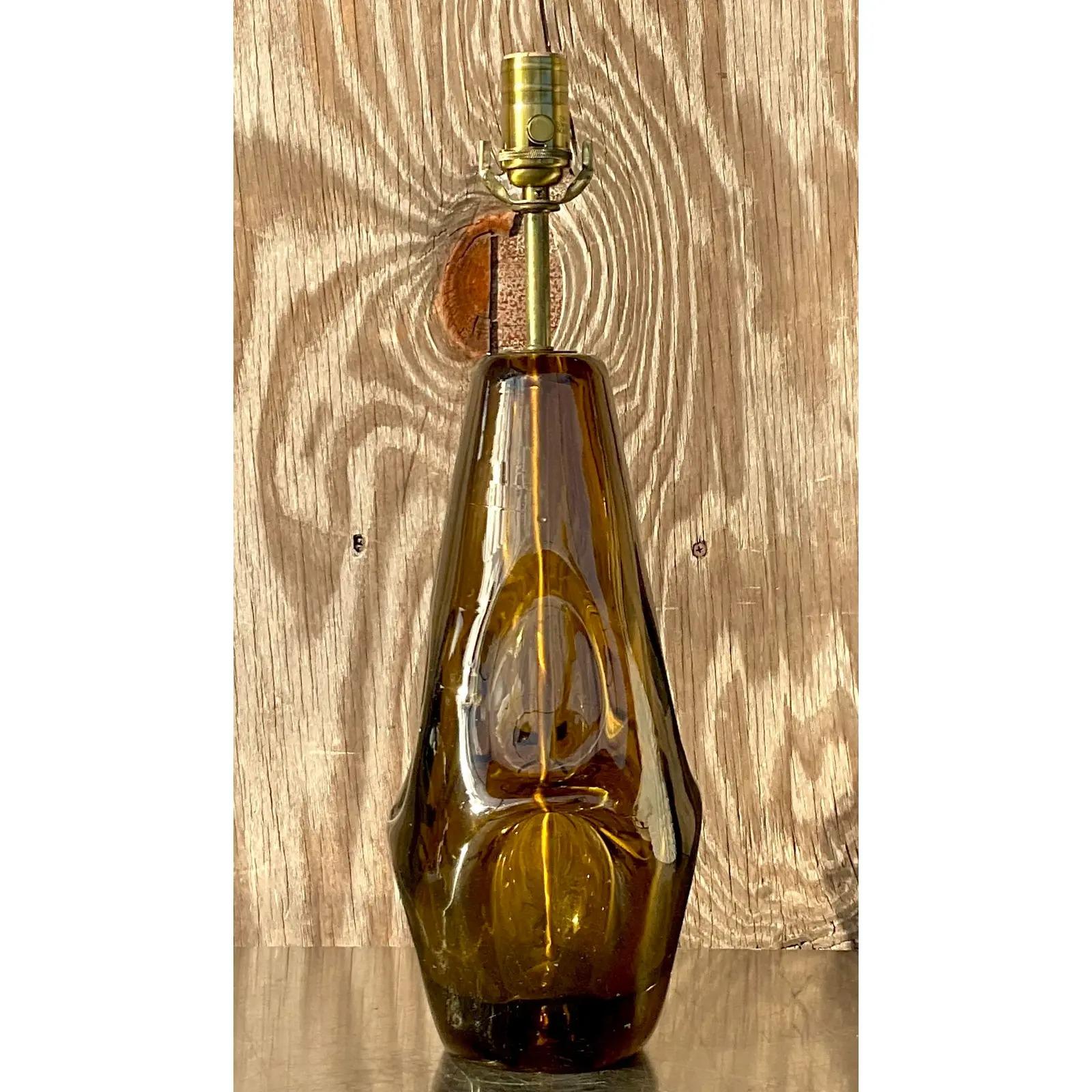 Brass Vintage Boho Blown Glass Table Lamp For Sale