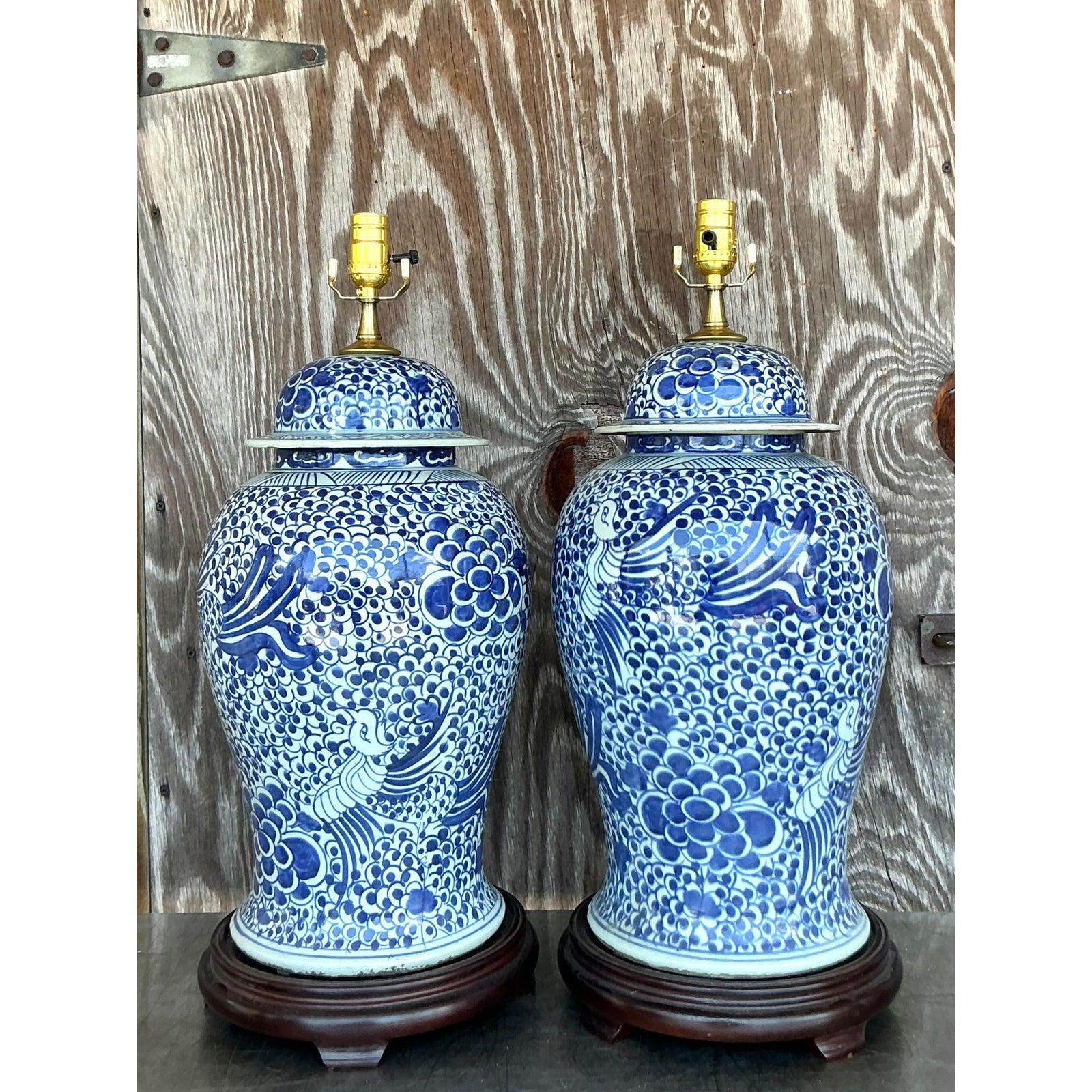 American Vintage Boho Blue and White Ceramic Lamps - A Pair For Sale