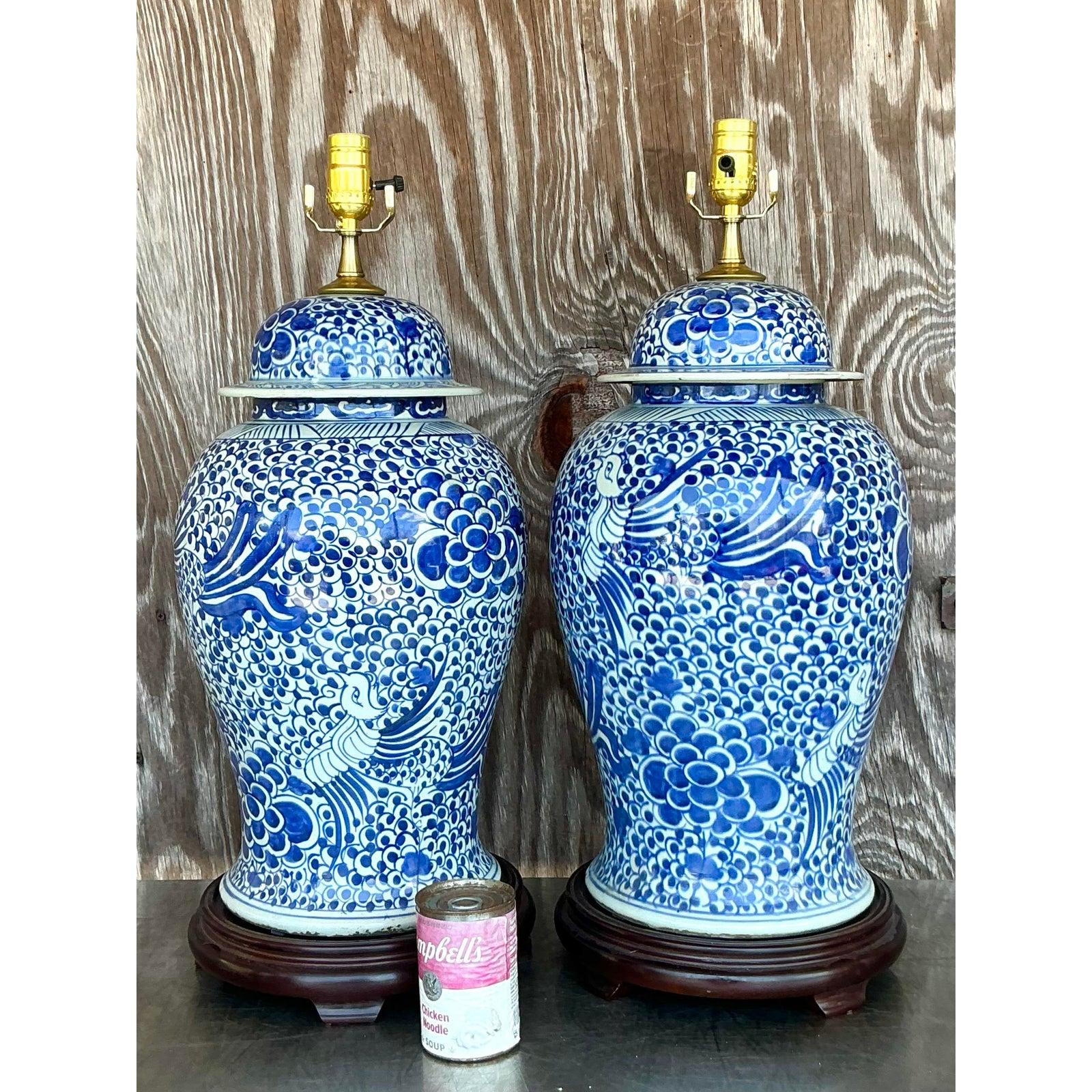 Vintage Boho Blue and White Ceramic Lamps - A Pair In Good Condition For Sale In west palm beach, FL